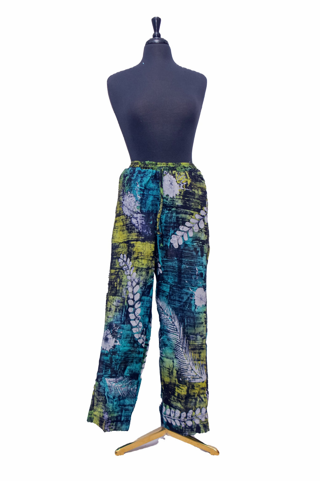 African Batik Drawstring Trousers — Teal & Lime Fern Leaf Print
