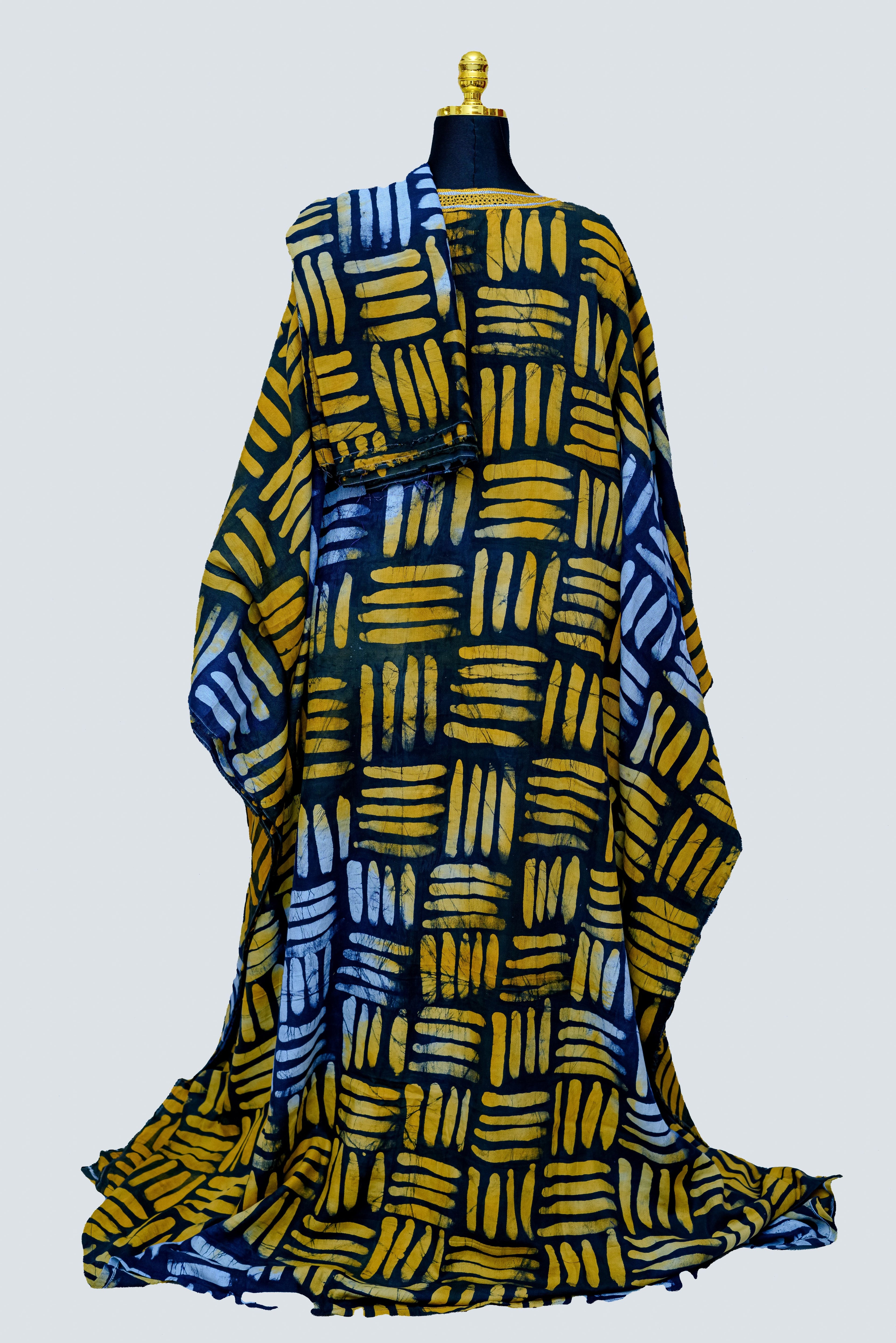 African Batik Kaftan & Shawl — Navy Tally Mark Grid with Gold Cutwork Lace Yoke