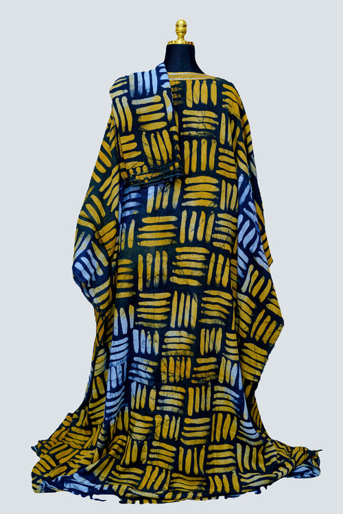 African Batik Kaftan & Shawl — Navy Tally Mark Grid with Gold Cutwork Lace Yoke