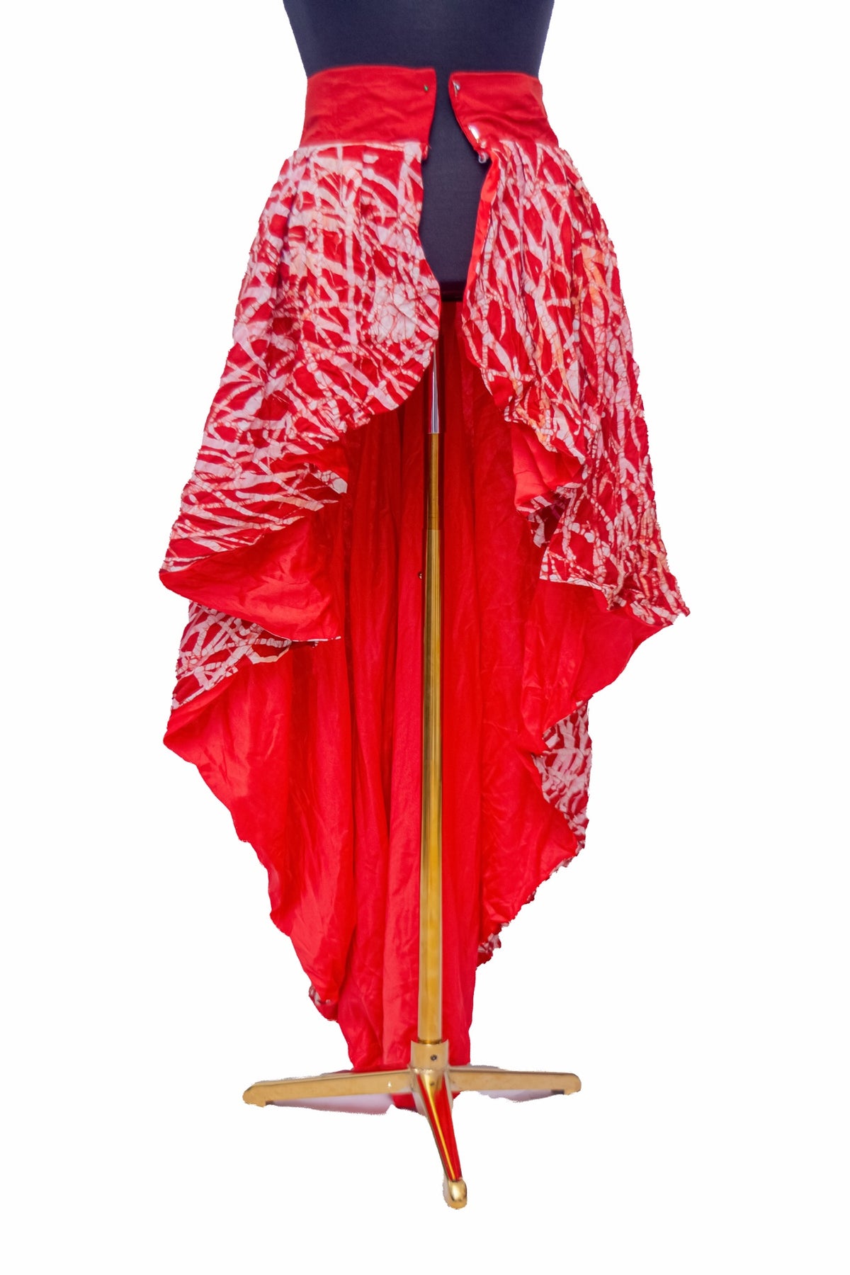 African Batik Hi-Low Layered Skirt — Red & White Crackle Overlay