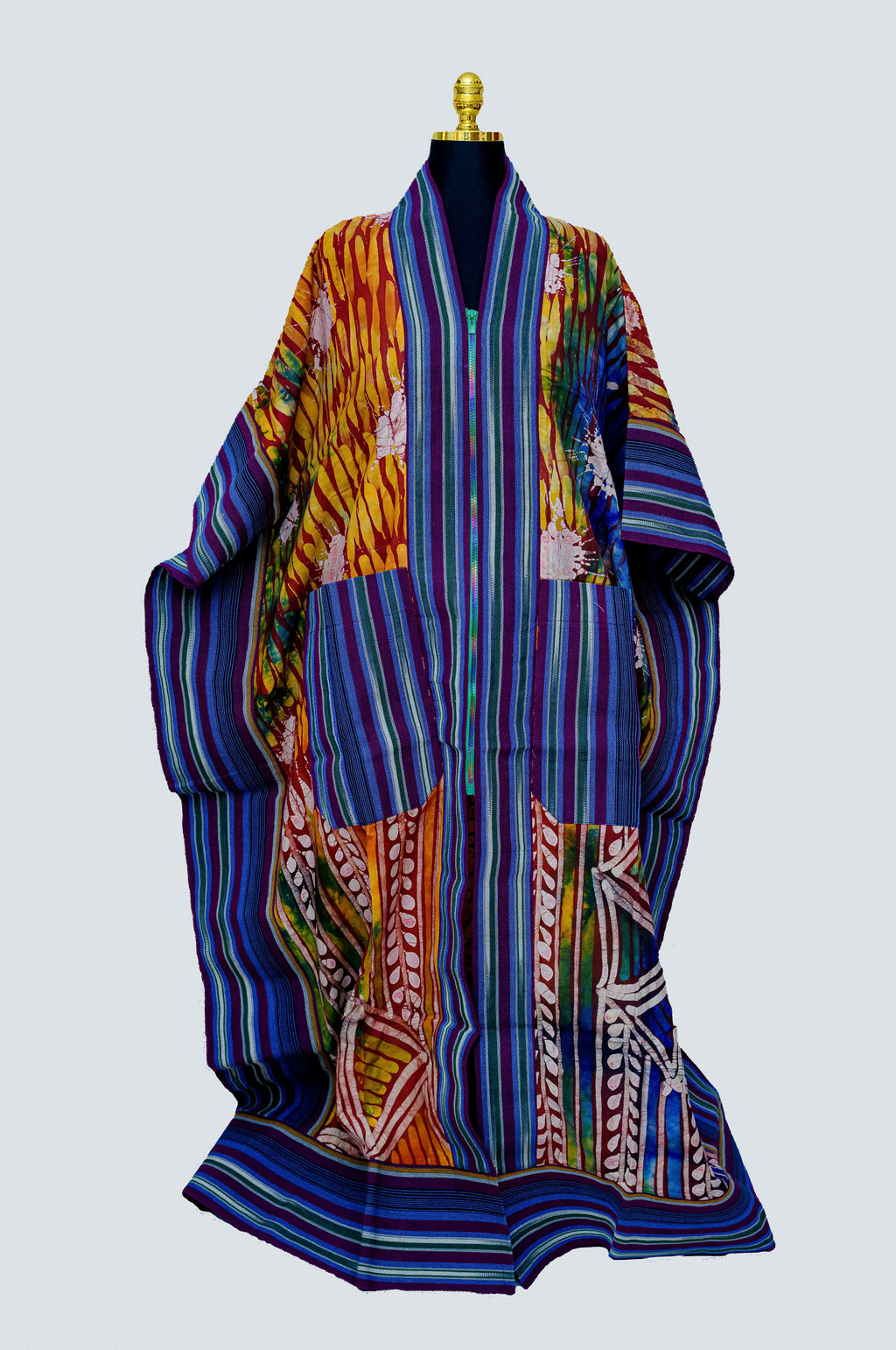 African Batik Patchwork Kaftan — Rainbow Stripe Border & Gold Flame Batik with Floral Splash