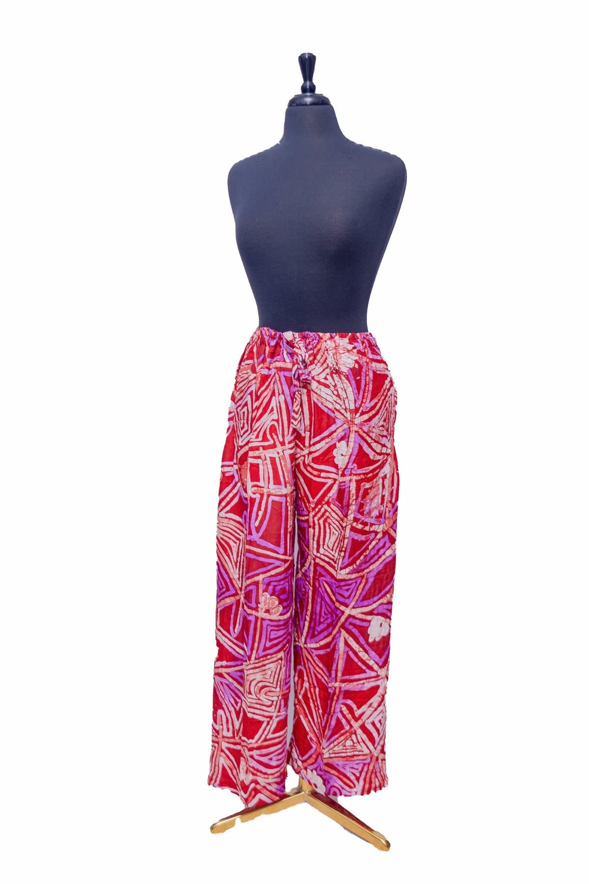 African Batik Co-ord Set — Crimson Red Geometric Print with Pocket Crop Top & Wide-Leg Trousers