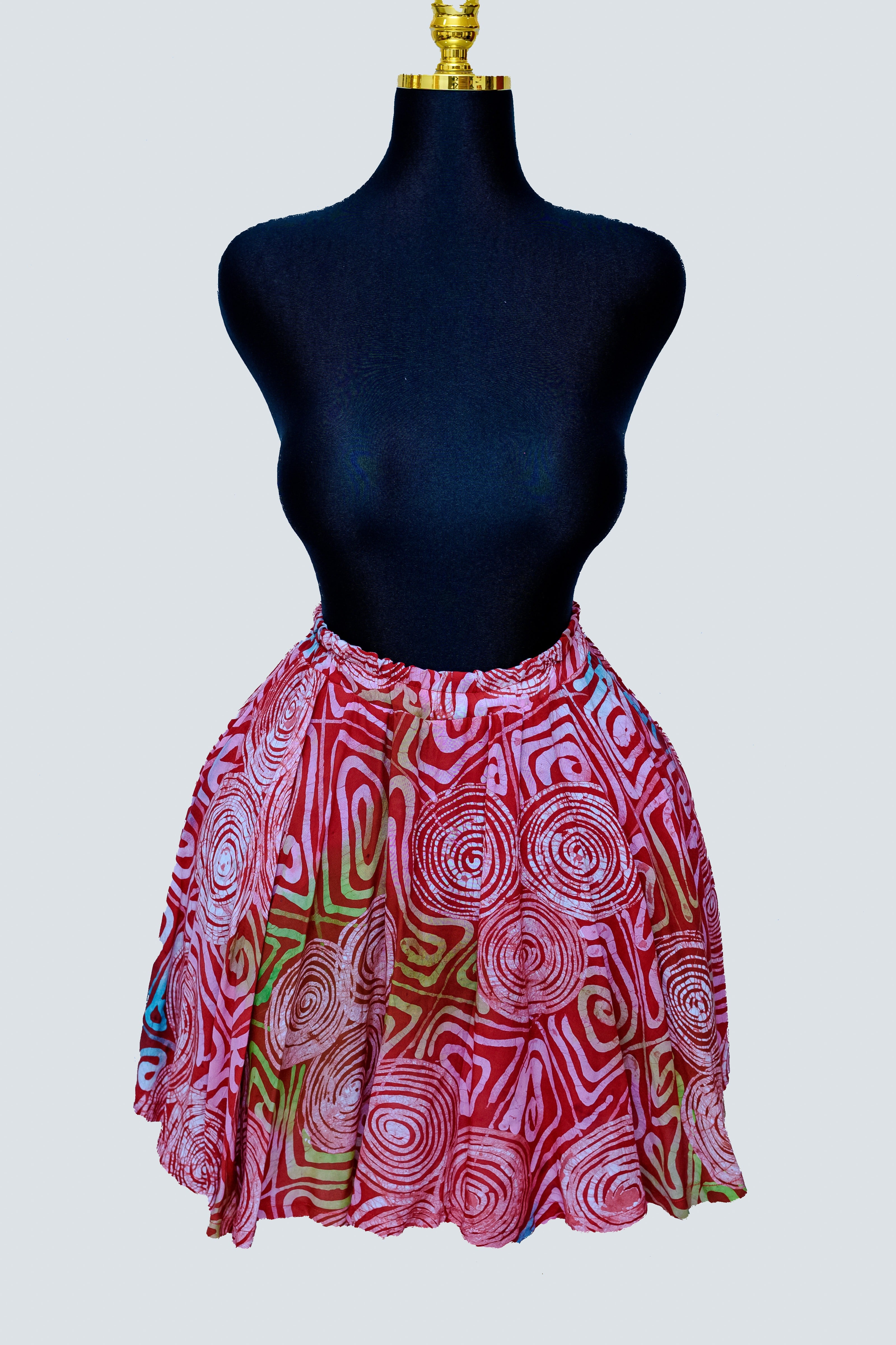 African Batik Flared Mini Skirt — Hot Pink Spiral Circle & Crimson Maze