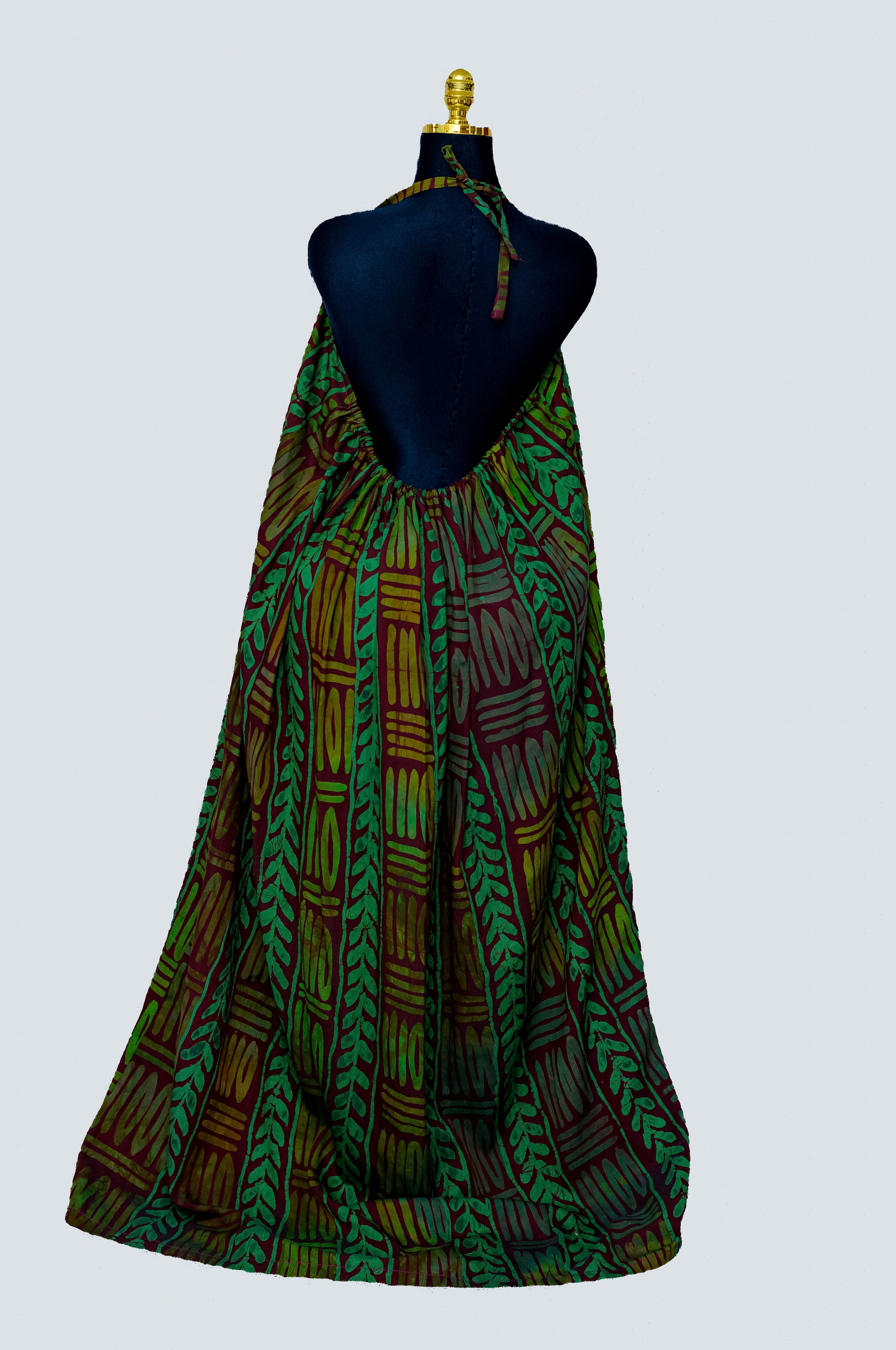 African Batik Halterneck Maxi Dress — Emerald Fern & Vertical Stripe Open Back
