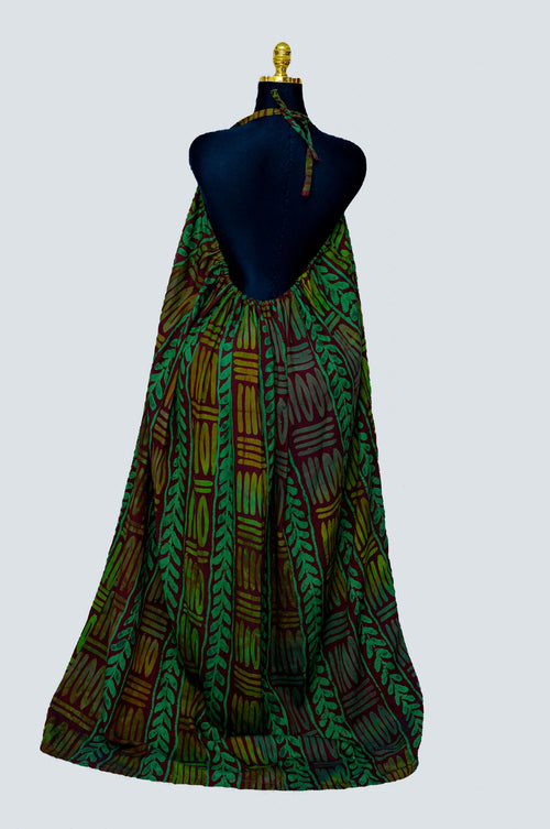 African Batik Halterneck Maxi Dress — Emerald Fern & Vertical Stripe Open Back