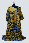 African Batik Kaftan & Shawl — Navy Tally Mark Grid with Gold Cutwork Lace Yoke