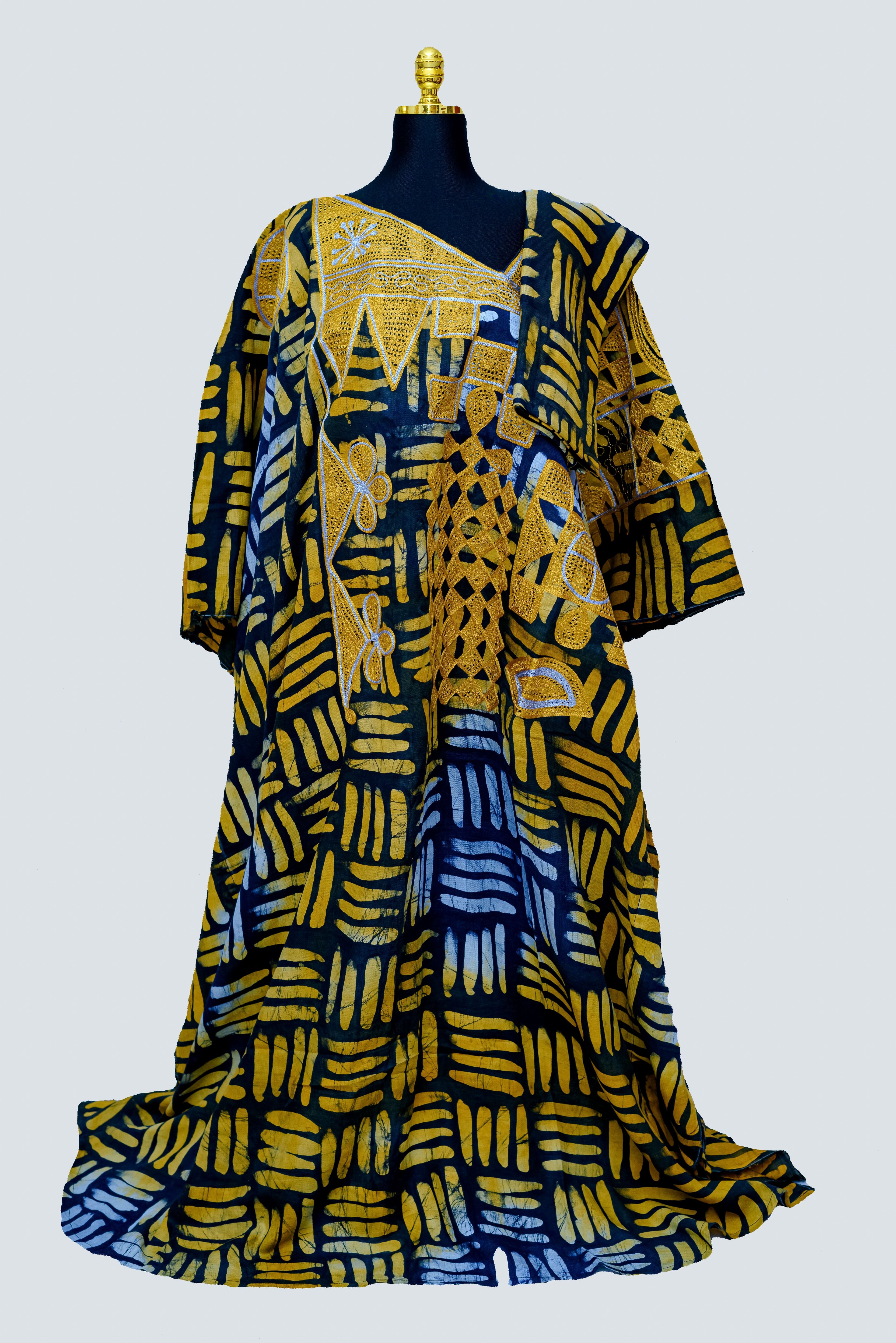 African Batik Kaftan & Shawl — Navy Tally Mark Grid with Gold Cutwork Lace Yoke