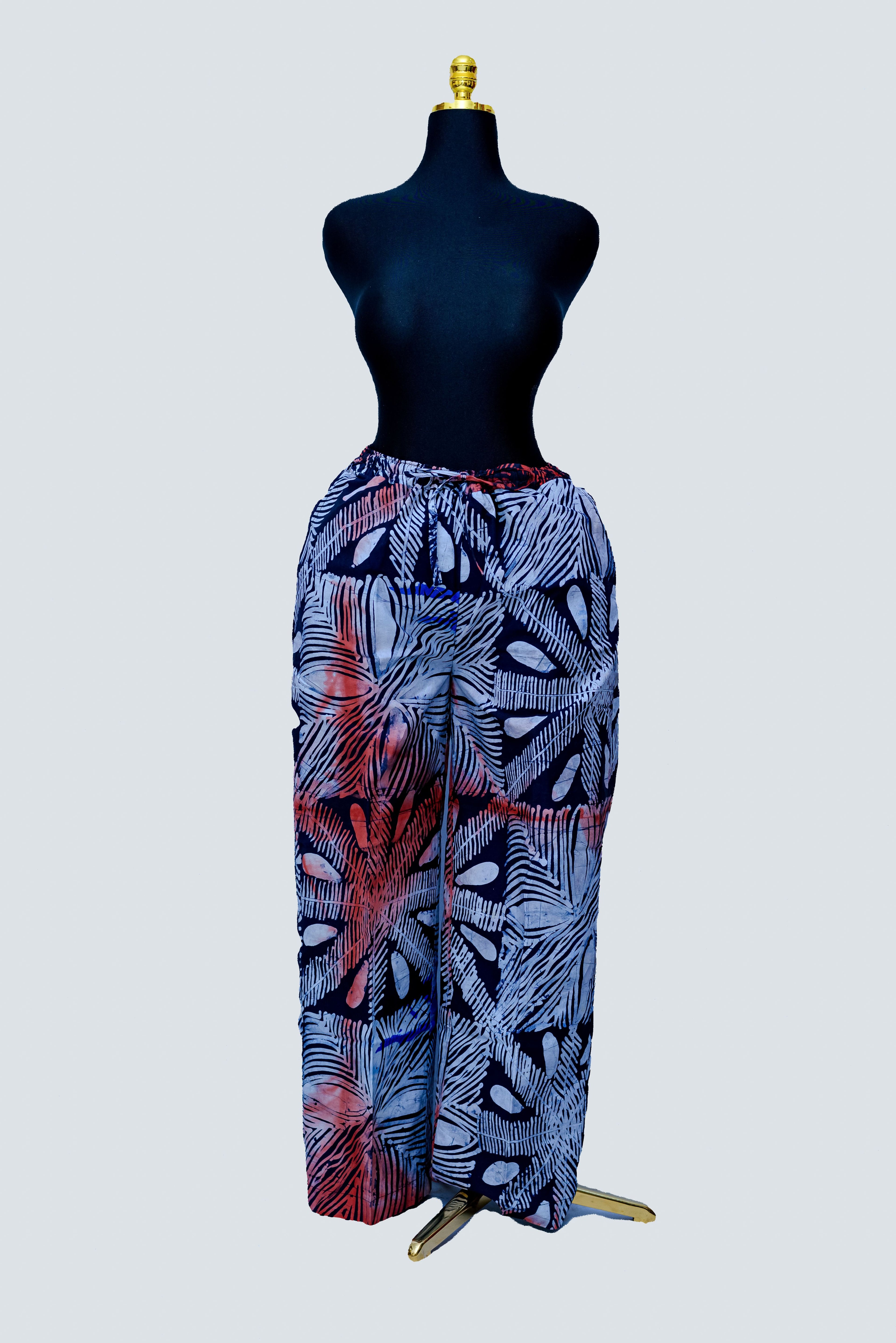 African Batik Women’s Wide-Leg Trousers — Navy Palm Frond & Coral Wash