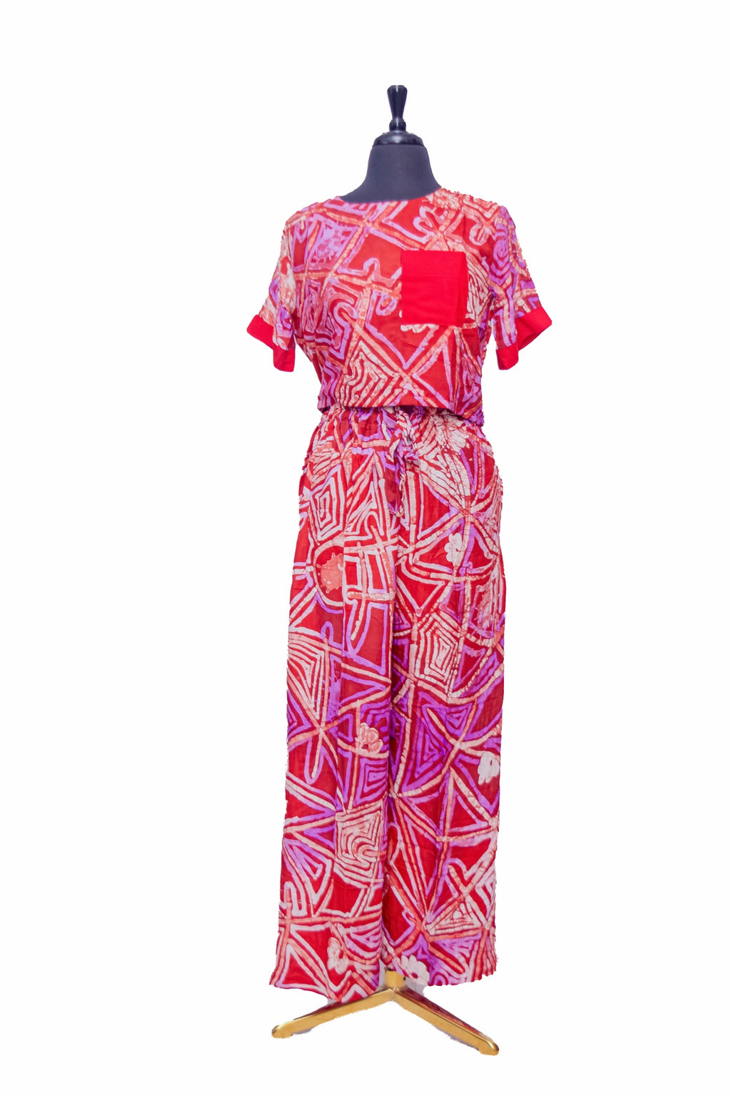 African Batik Co-ord Set — Crimson Red Geometric Print with Pocket Crop Top & Wide-Leg Trousers