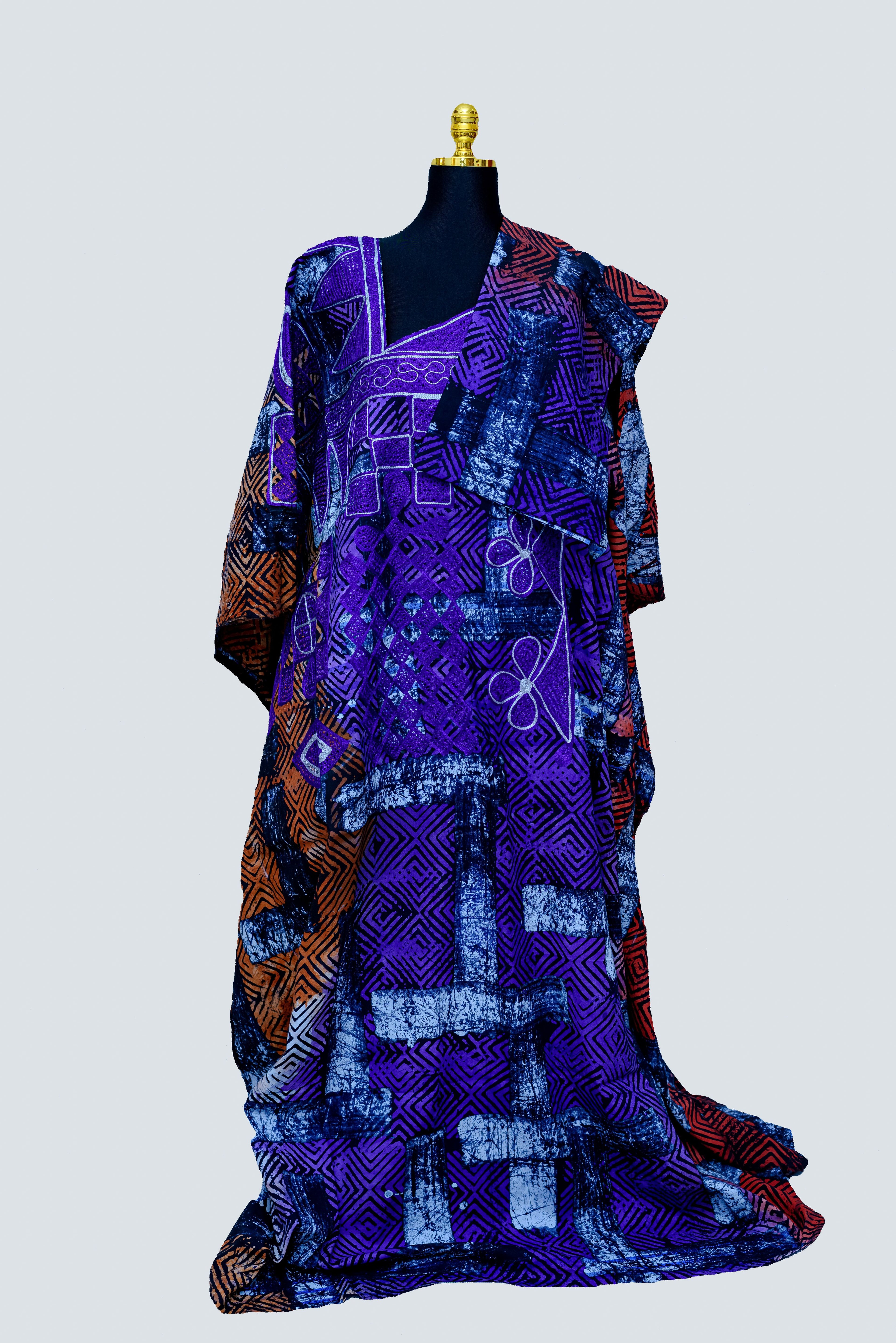 African Batik Kaftan & Shawl Set — Electric Purple & Rust Concentric Maze
