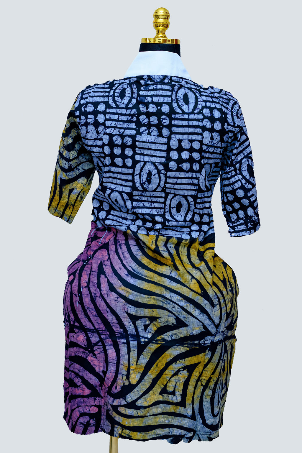 African Batik Patchwork Mini Dress — Navy Circle Grid & Gold Swirl with White Zip