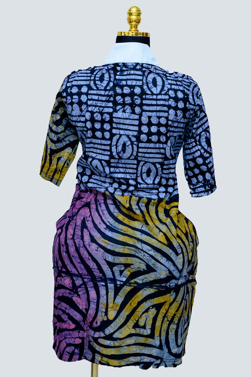 African Batik Patchwork Mini Dress — Navy Circle Grid & Gold Swirl with White Zip