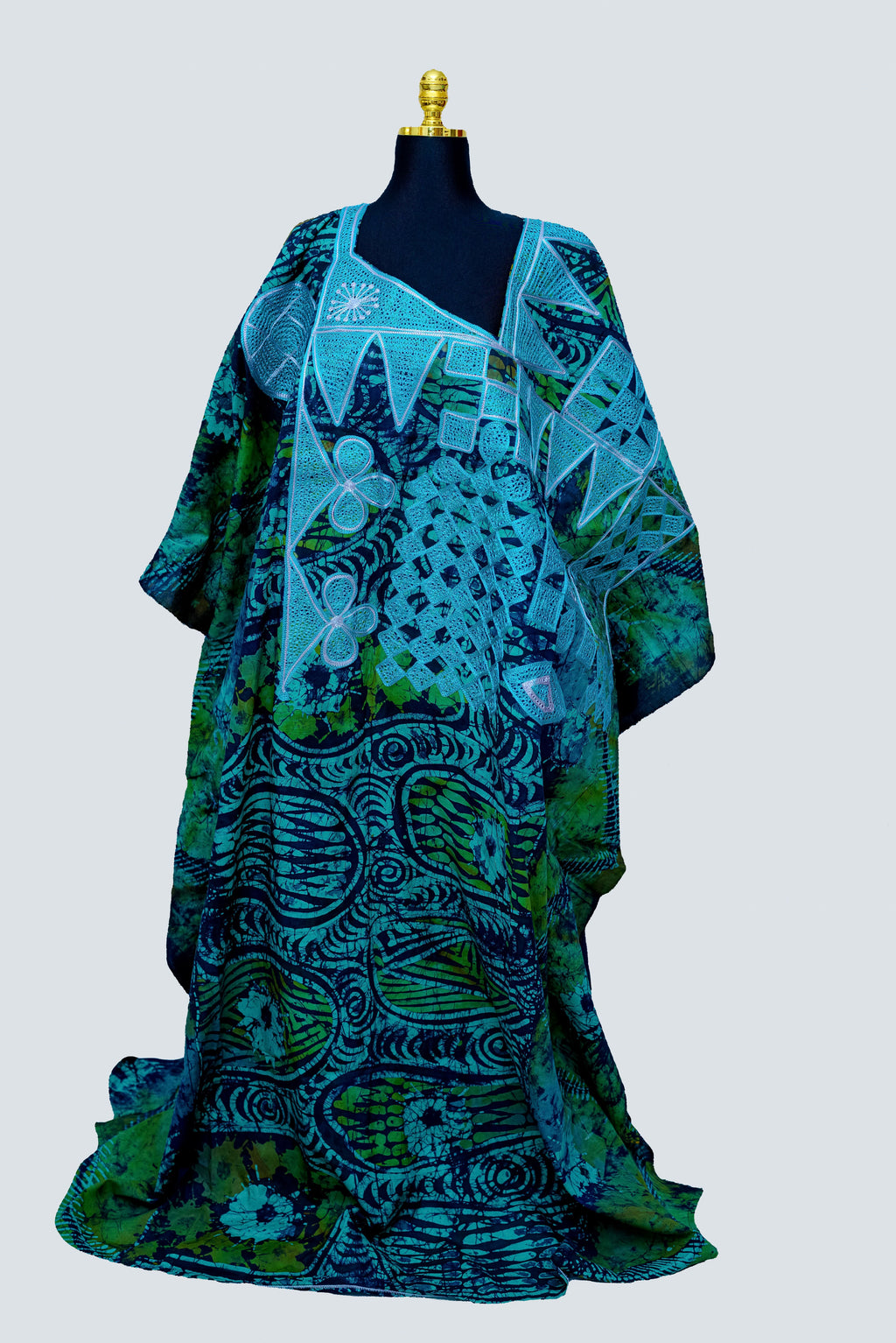 African Batik Kaftan & Shawl — Teal & Forest Green Swirl with Pale Blue Cutwork Lace Yoke