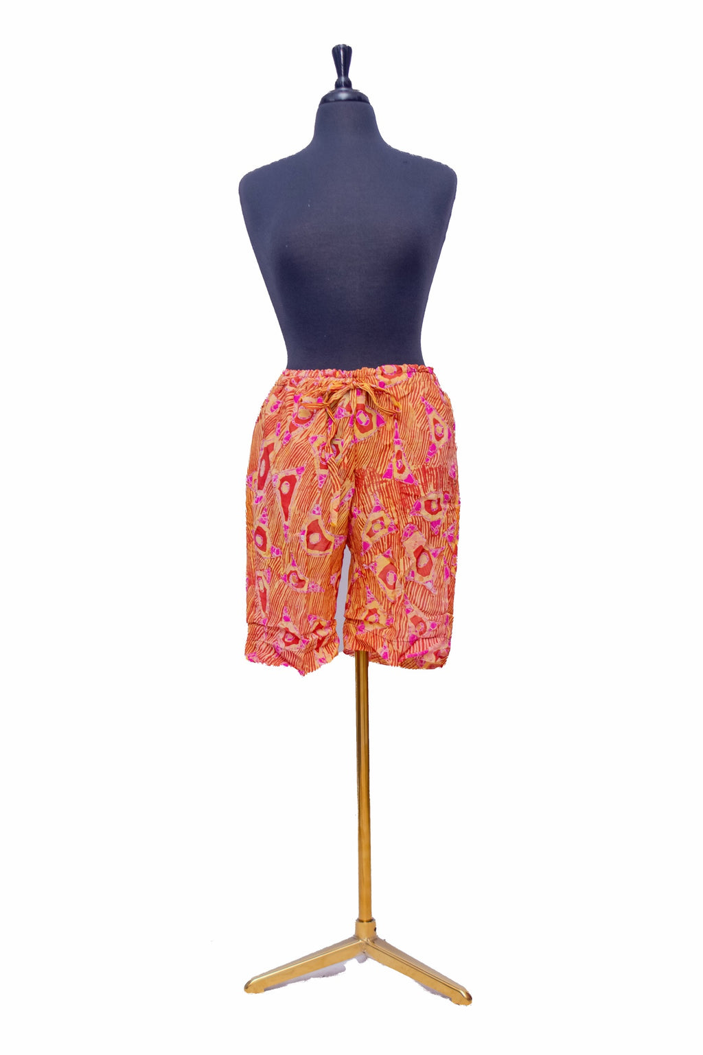African Batik Drawstring Shorts — Sunset Orange & Pink Triangle Print