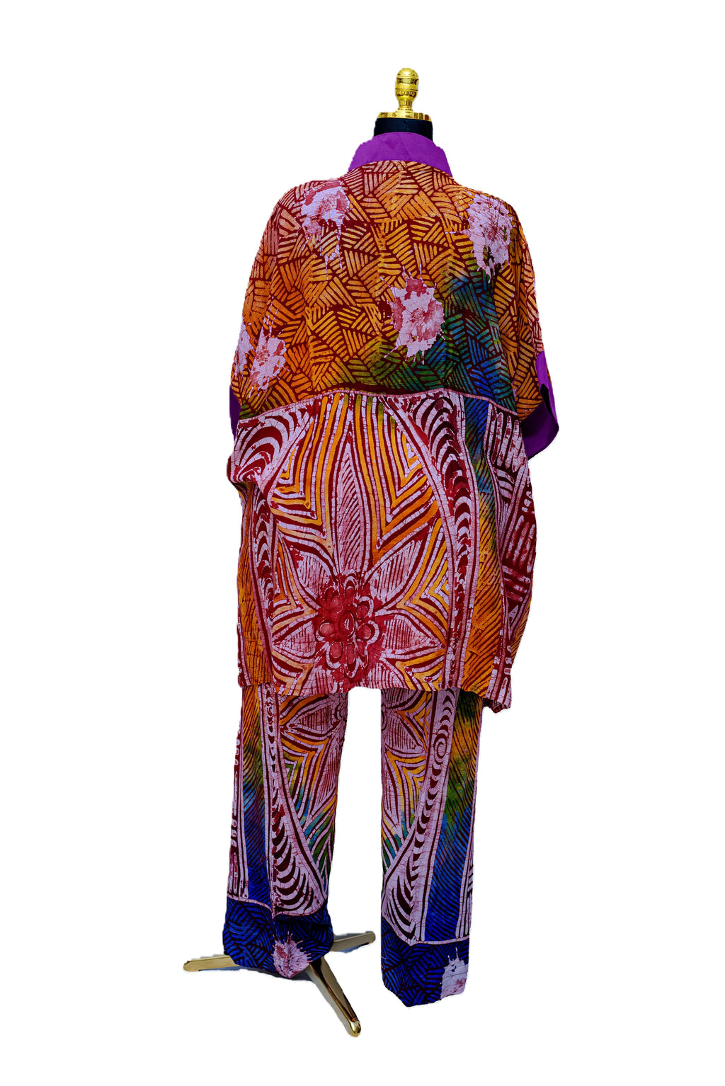 African Batik Patchwork Co-ord Set — Multicolour Floral & Geometric with Magenta Trim