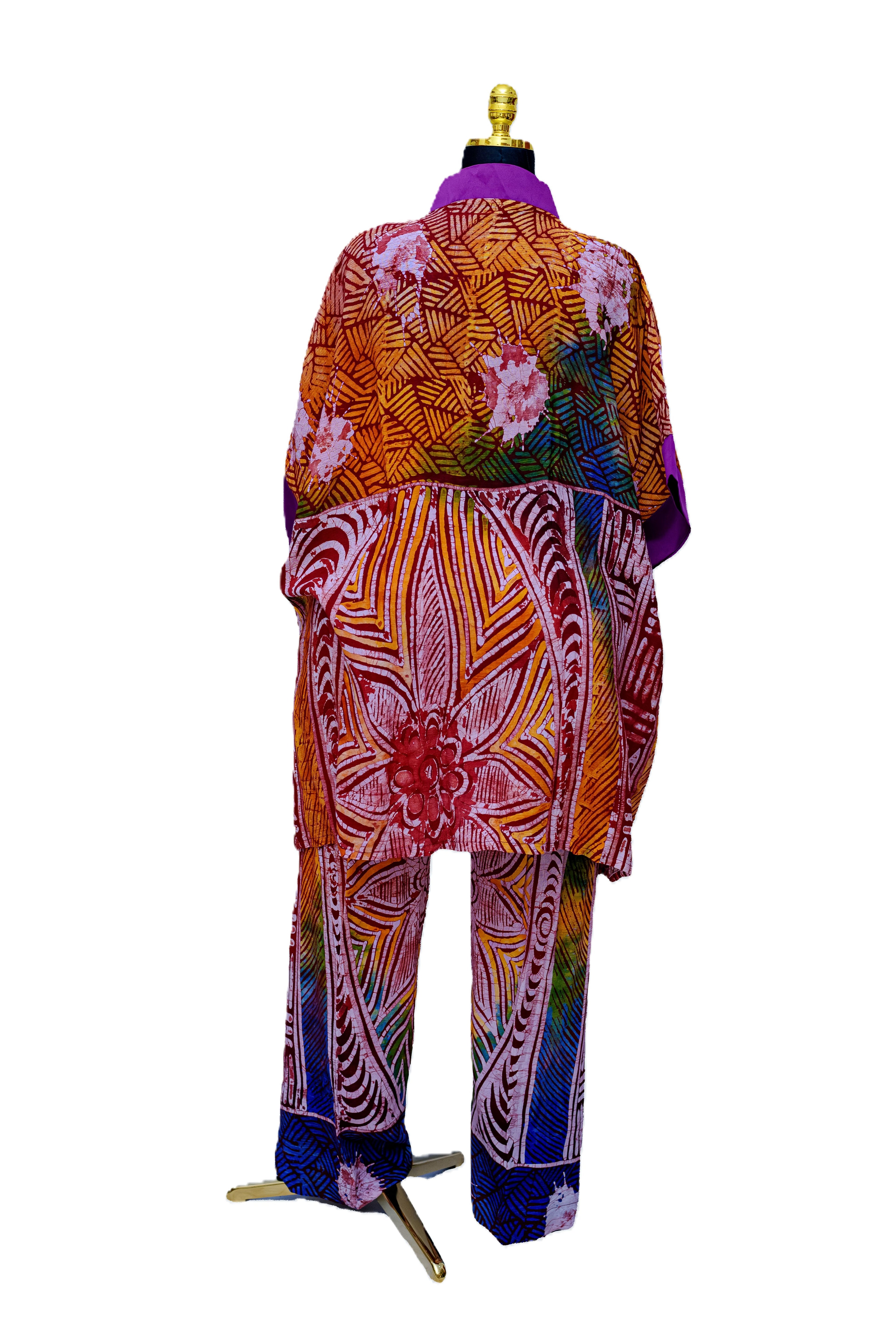 African Batik Patchwork Co-ord Set — Multicolour Floral & Geometric with Magenta Trim