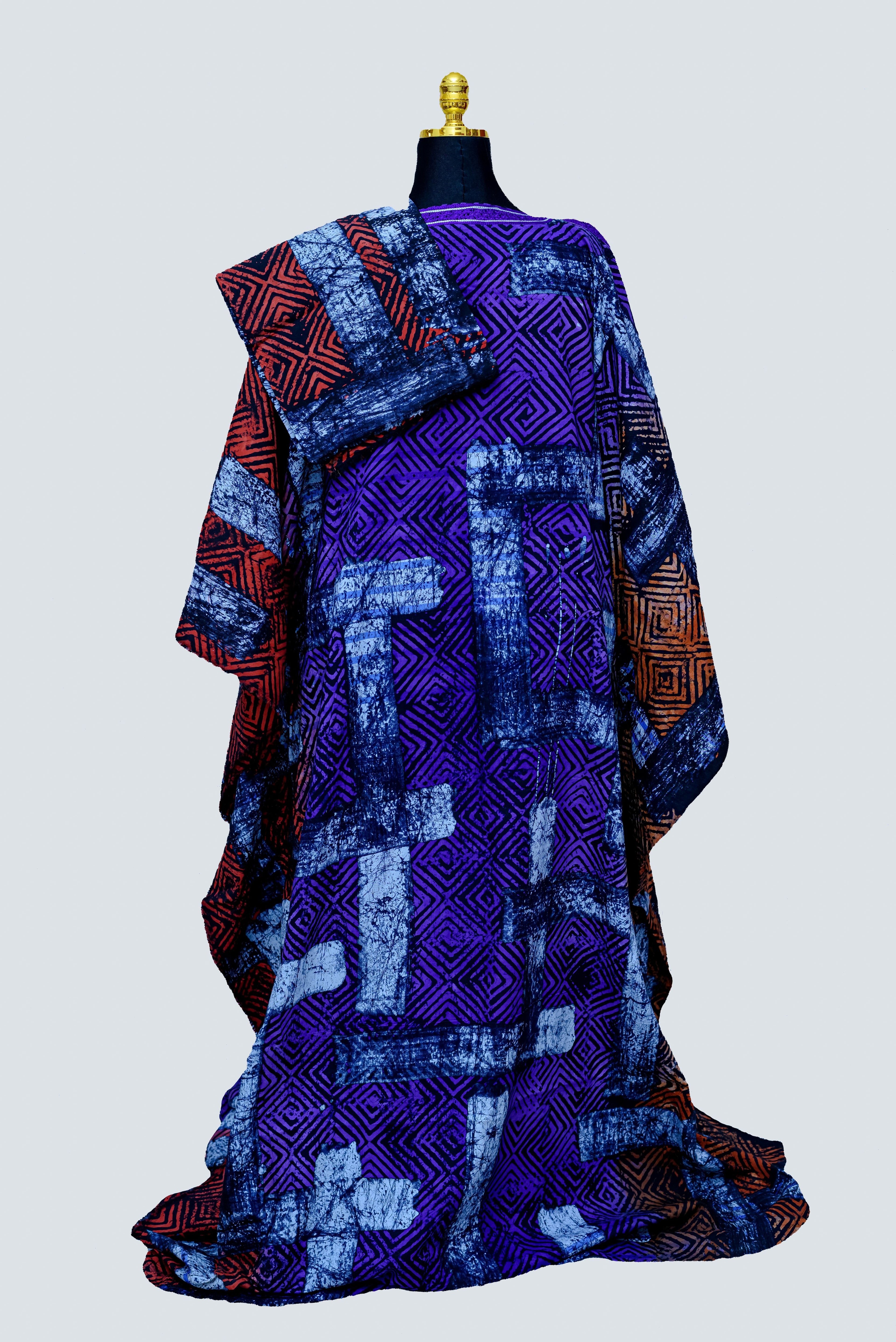 African Batik Kaftan & Shawl Set — Electric Purple & Rust Concentric Maze