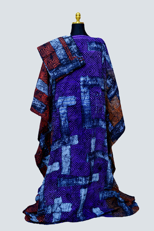 African Batik Kaftan & Shawl Set — Electric Purple & Rust Concentric Maze