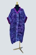 African Batik Wave & Scroll Kaftan — Navy & Lavender with Magenta Contrast Trim