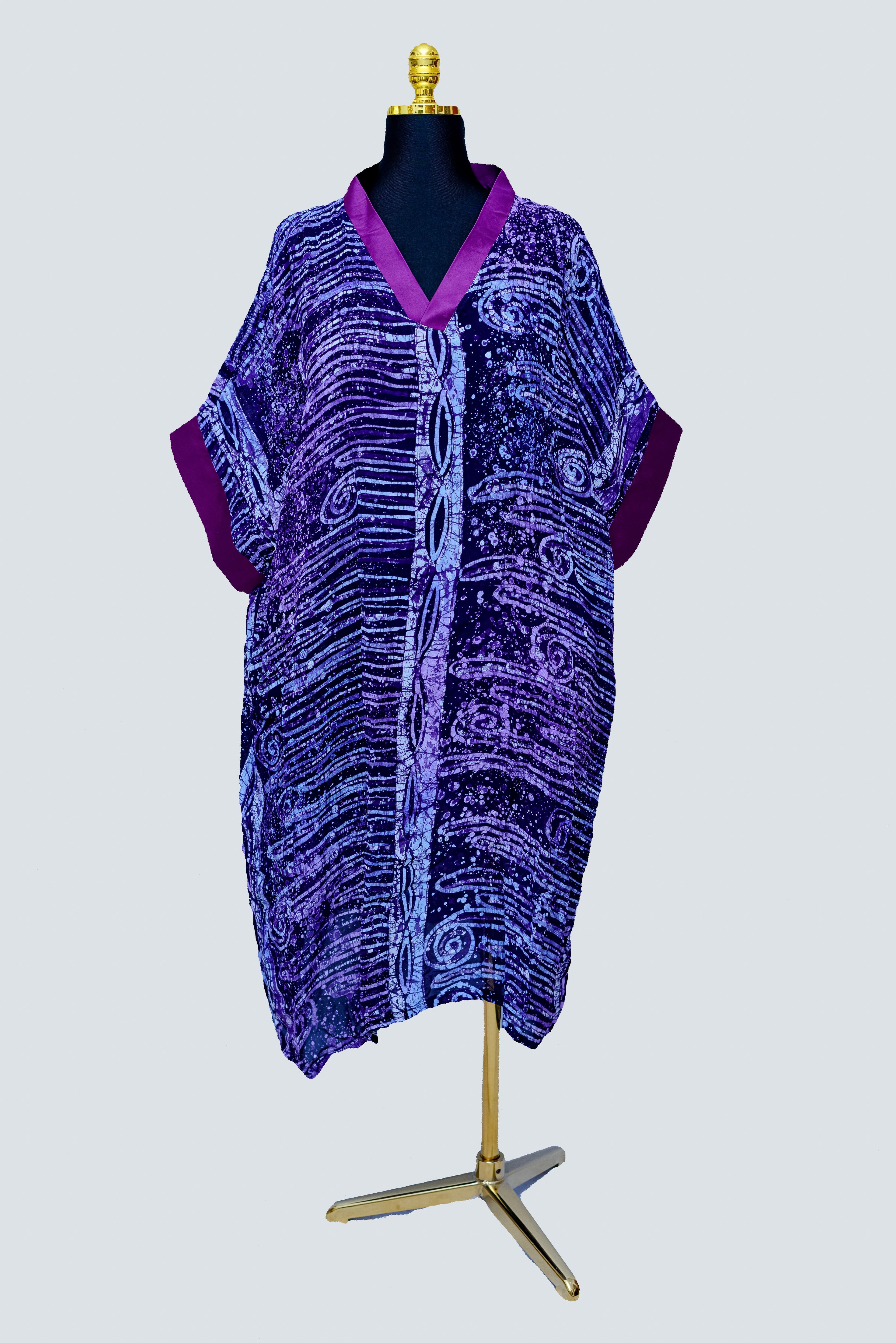 African Batik Wave & Scroll Kaftan — Navy & Lavender with Magenta Contrast Trim