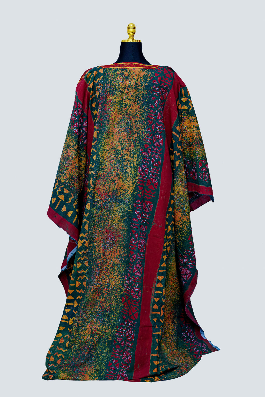 African Batik Patchwork Kaftan — Forest Green & Crimson Jewel-Tone Mosaic