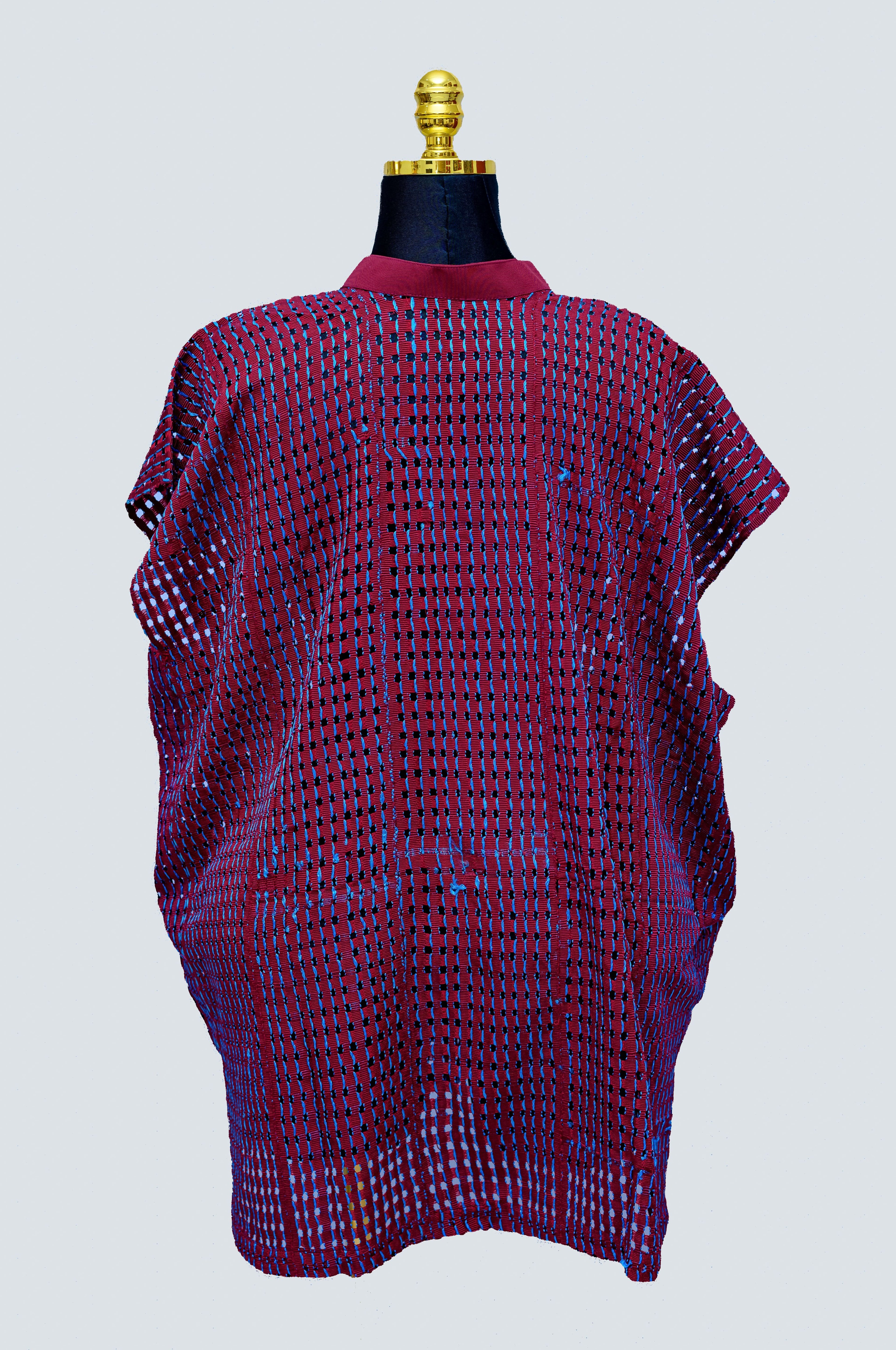 Aso Oke Oversized Top — Crimson Open-Weave Grid with Mandarin Collar