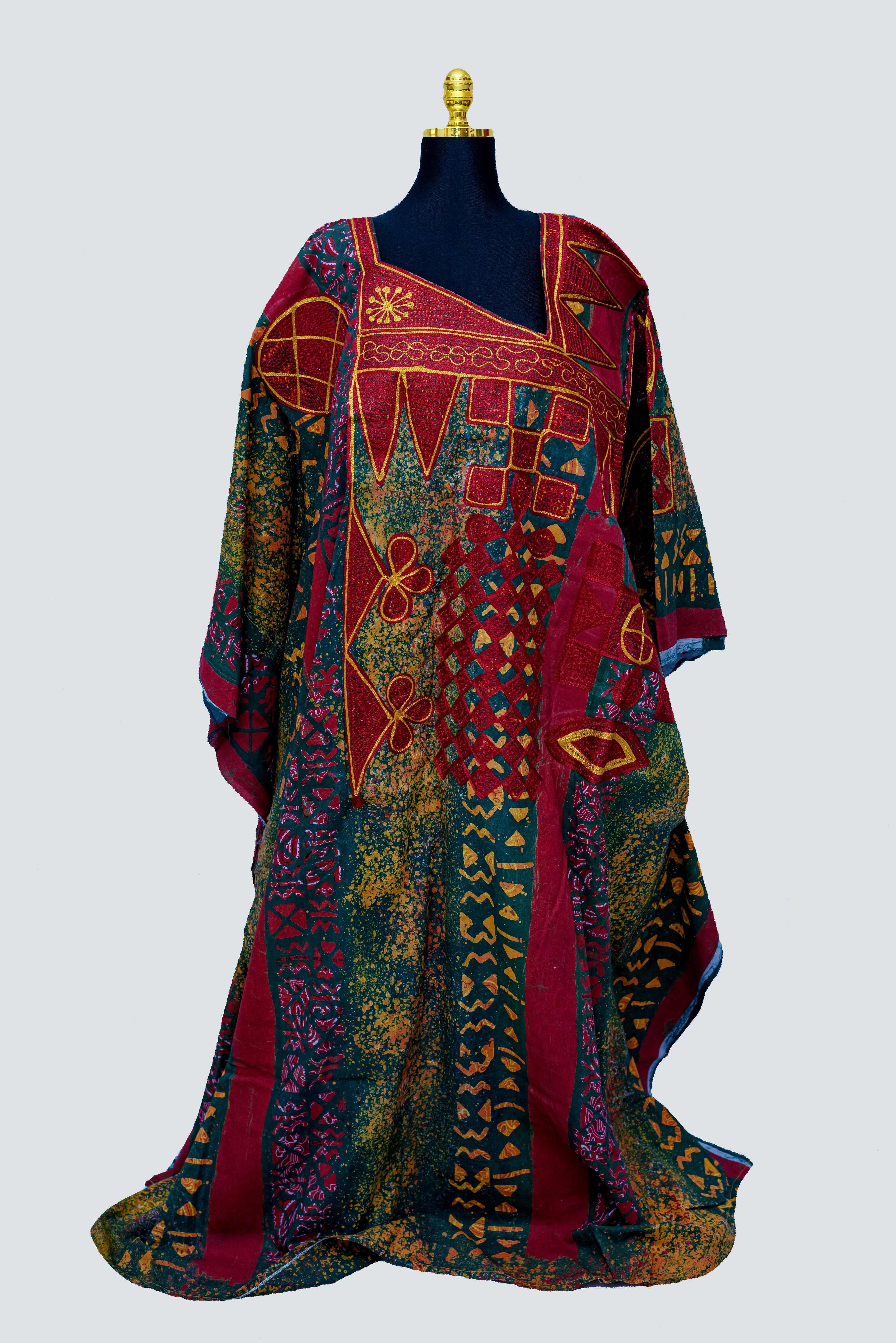 African Batik Patchwork Kaftan — Forest Green & Crimson Jewel-Tone Mosaic