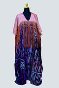 African Batik Kaftan — Blush Pink Bodice & Purple Spiral Skirt with Rust Fringe