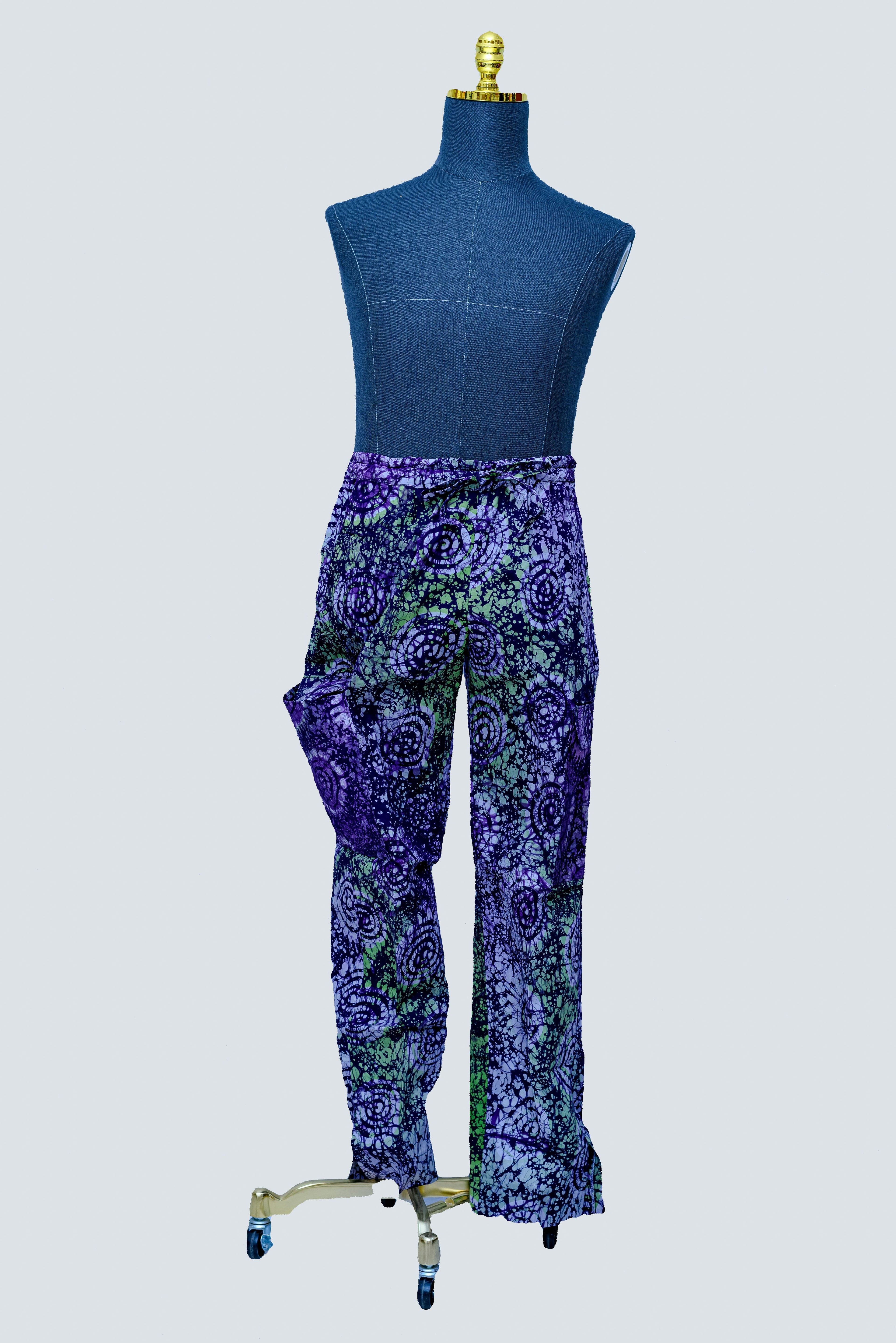 African Batik Men’s Wide-Leg Trousers — Navy & Lavender Spiral Web Print