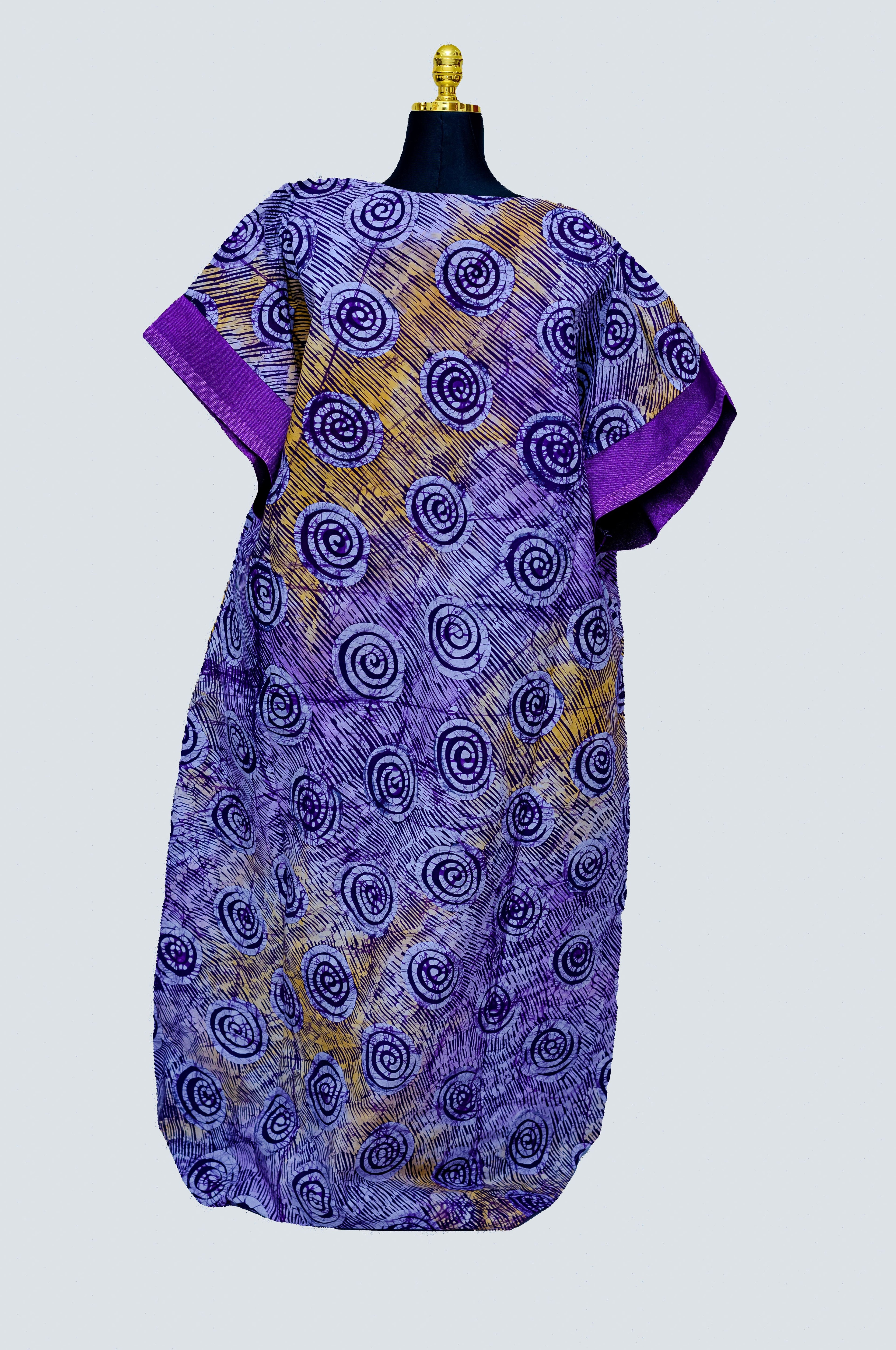 African Batik Spiral Circle Kaftan — Lavender & Gold with Magenta V-Yoke & Tassel