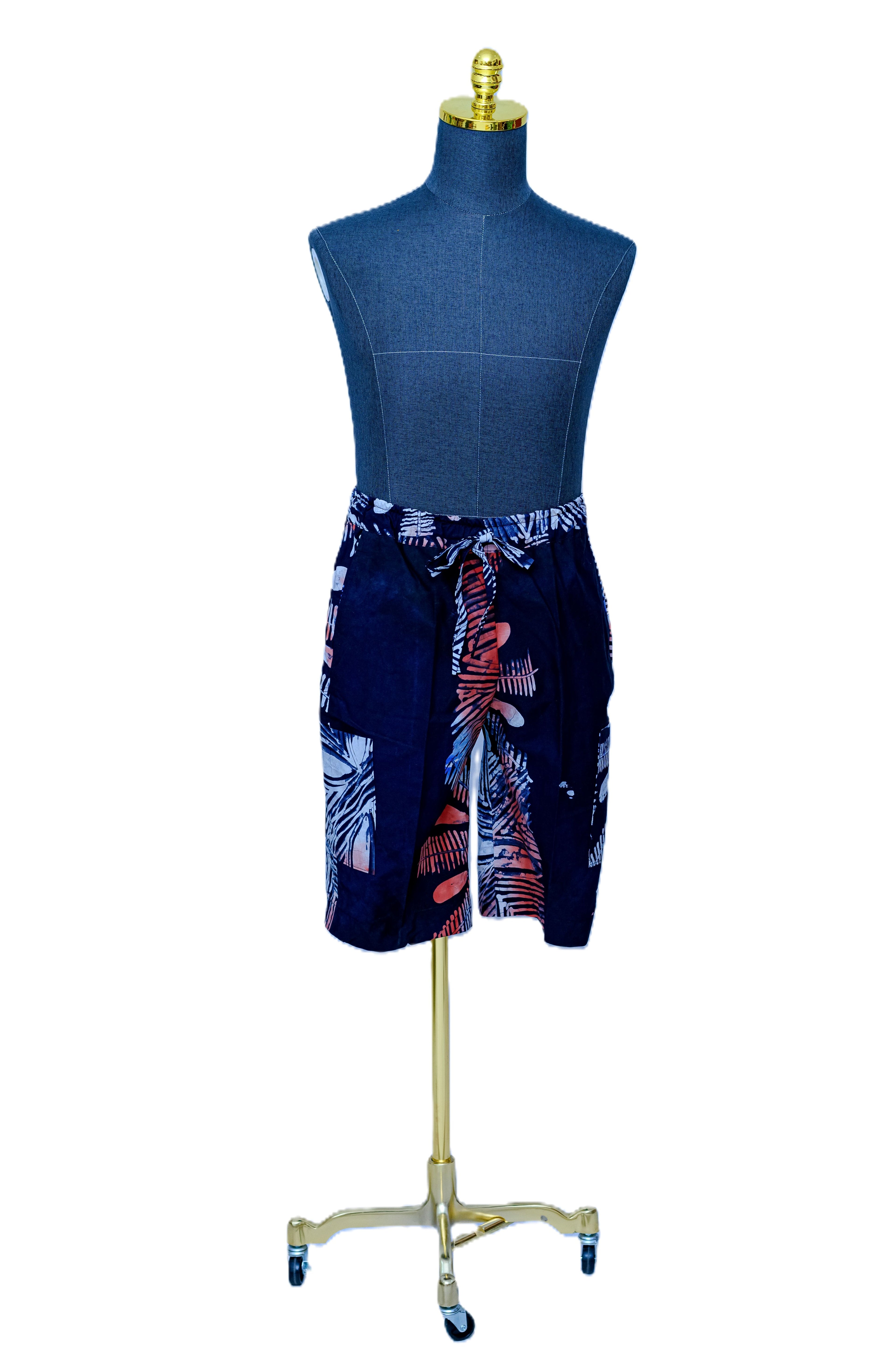 African Batik Men’s Shorts — Navy Patchwork Palm Frond & Zebra Print