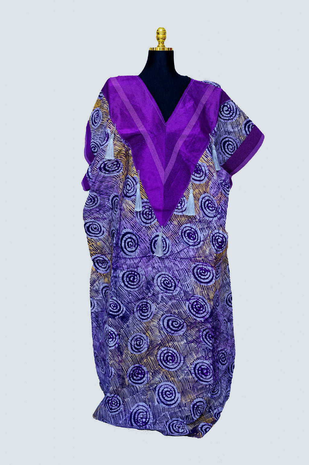 African Batik Spiral Circle Kaftan — Lavender & Gold with Magenta V-Yoke & Tassel
