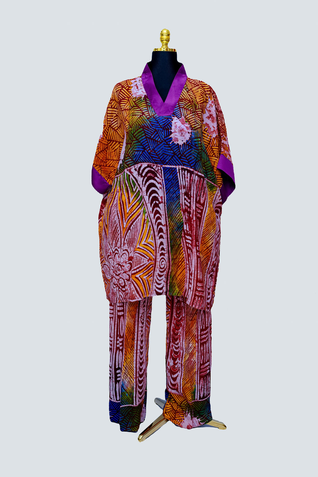 African Batik Patchwork Co-ord Set — Multicolour Floral & Geometric with Magenta Trim