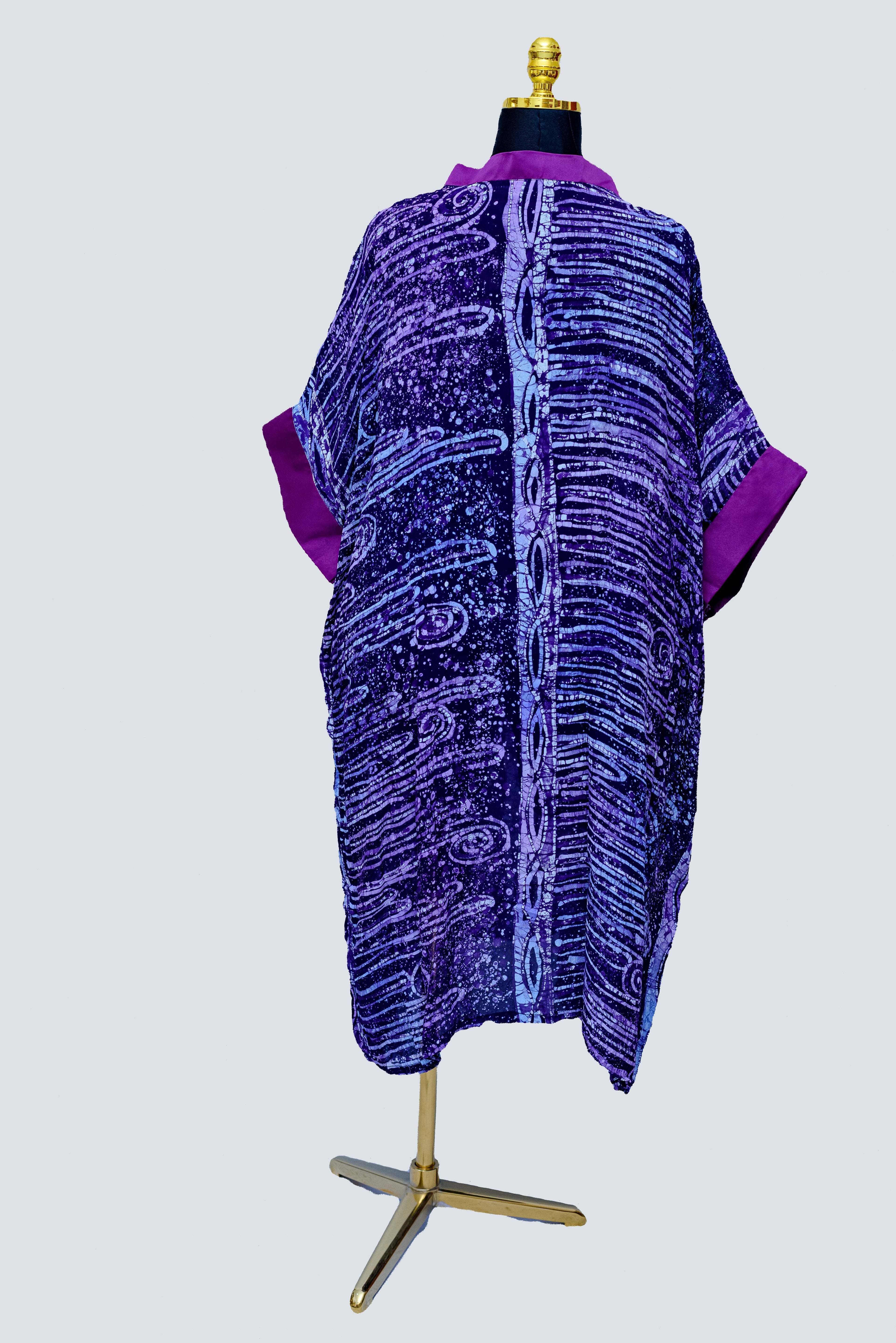 African Batik Wave & Scroll Kaftan — Navy & Lavender with Magenta Contrast Trim