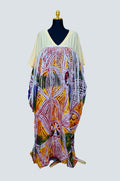 African Batik Starburst Kaftan — Cream Bodice & Multicolour Swirl Fringe Skirt