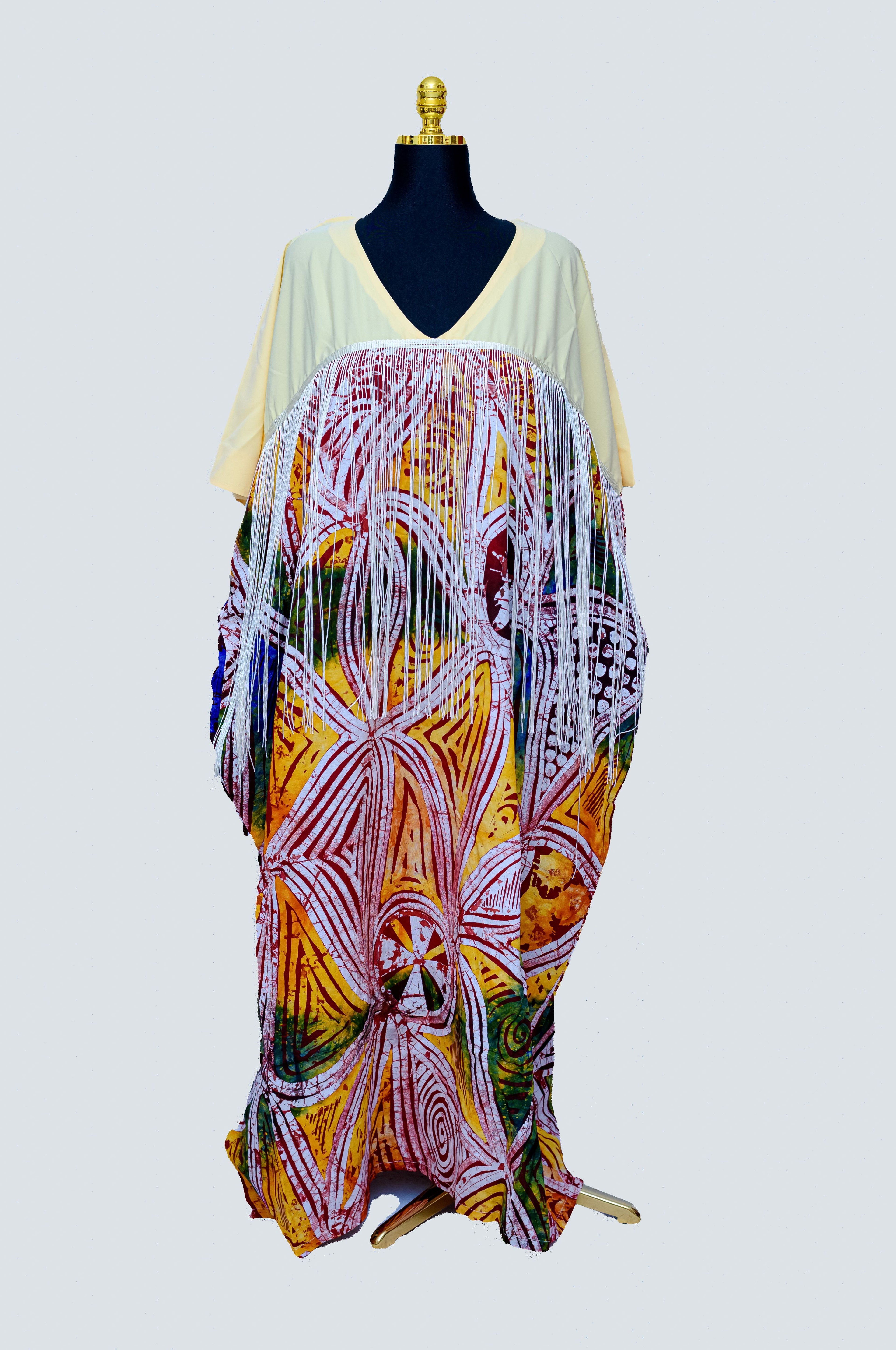 African Batik Starburst Kaftan — Cream Bodice & Multicolour Swirl Fringe Skirt