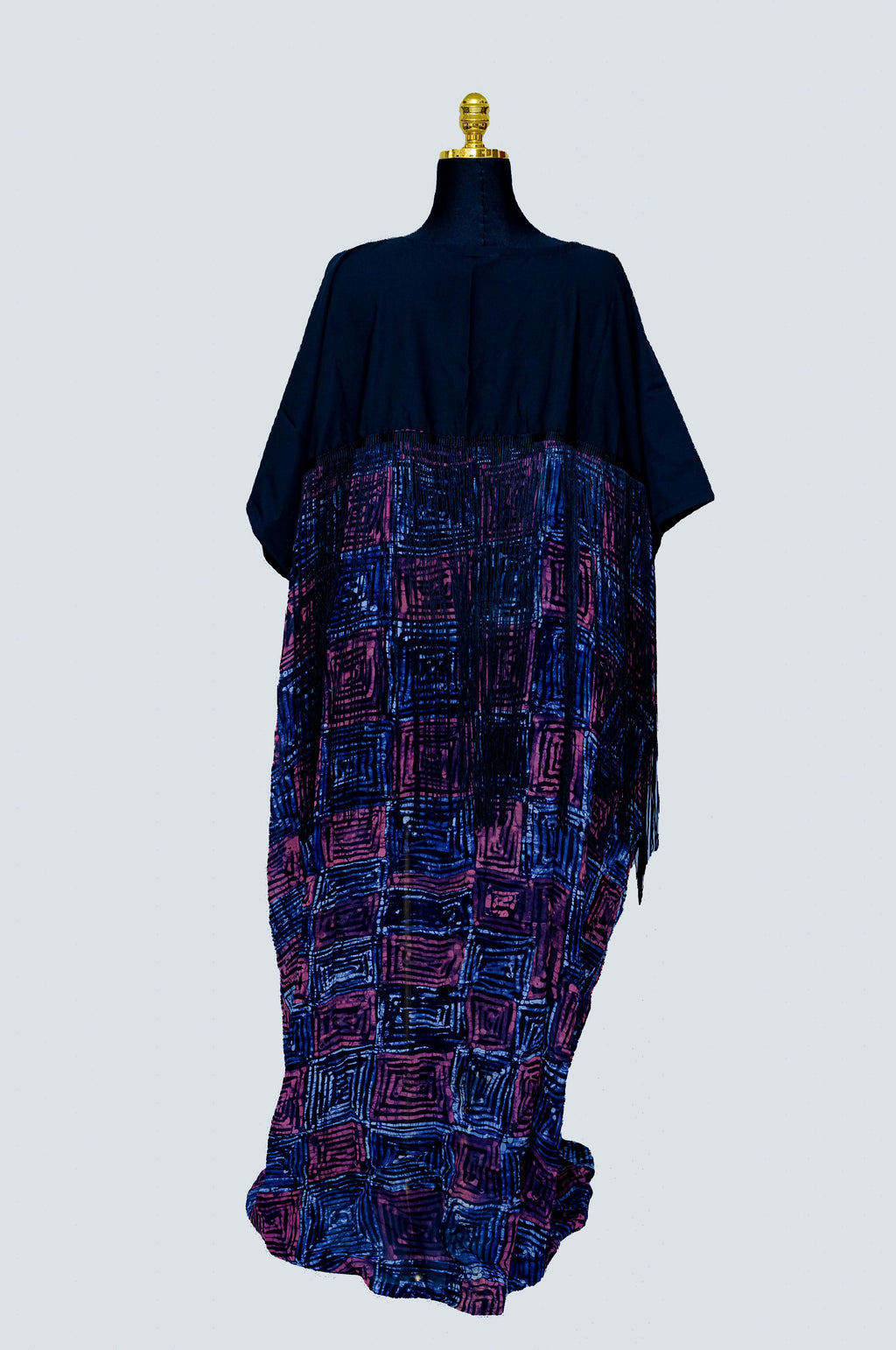 African Batik Two-Tone Kaftan — Navy Bodice & Concentric Square Maze Skirt