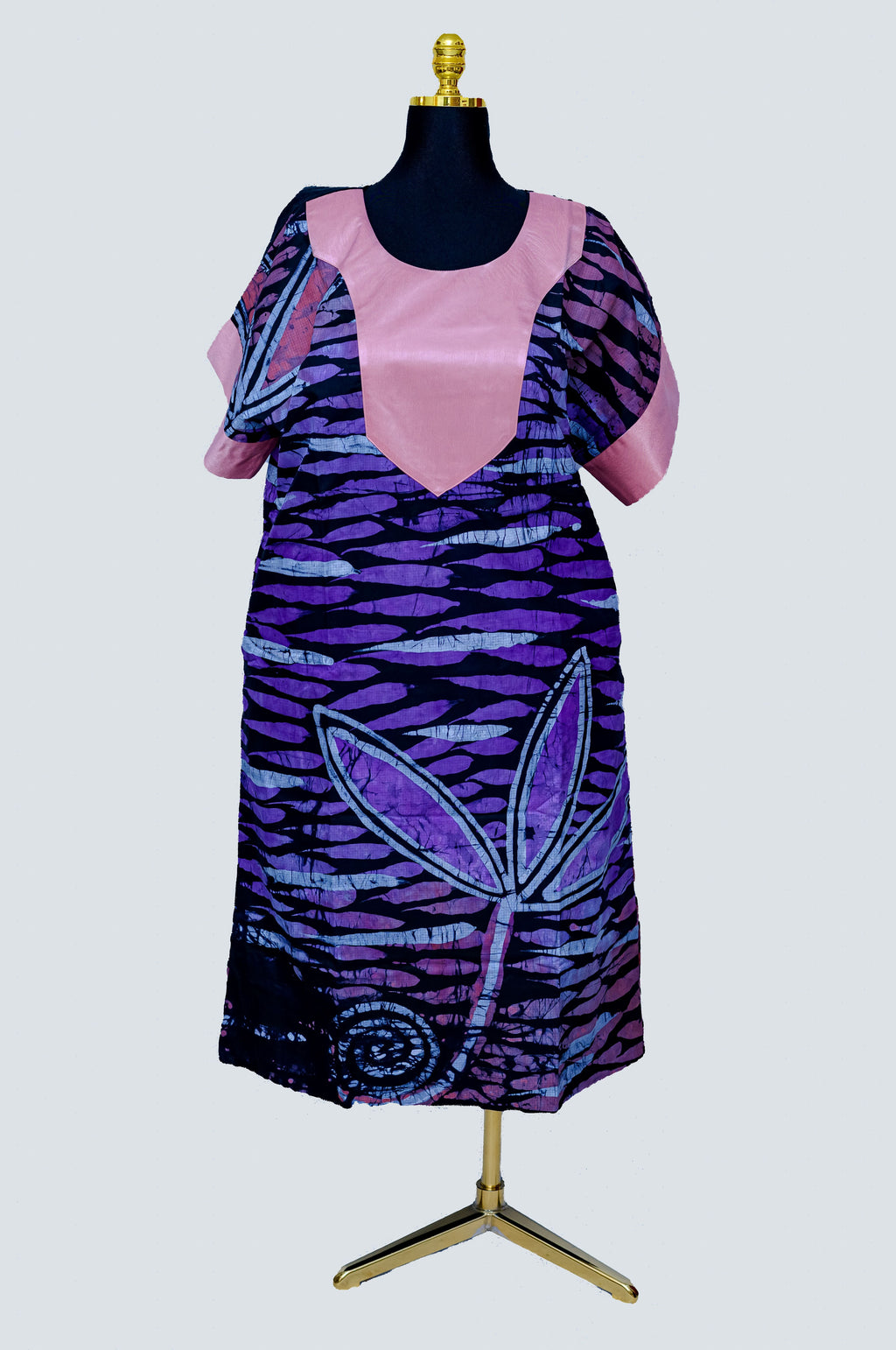 African Batik Wave & Spiral Dress — Purple & Navy Leaf Motif