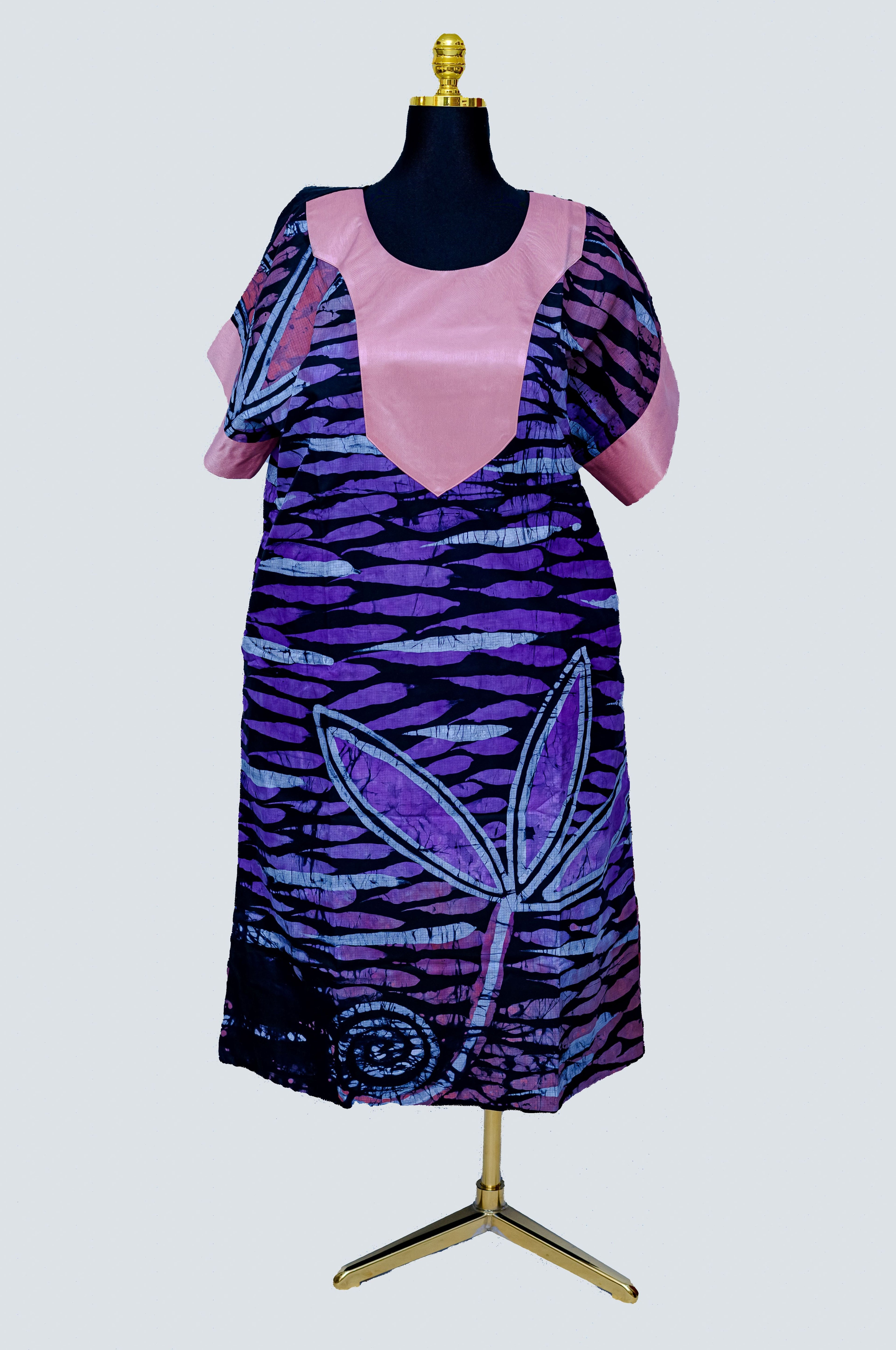 African Batik Wave & Spiral Dress — Purple & Navy Leaf Motif