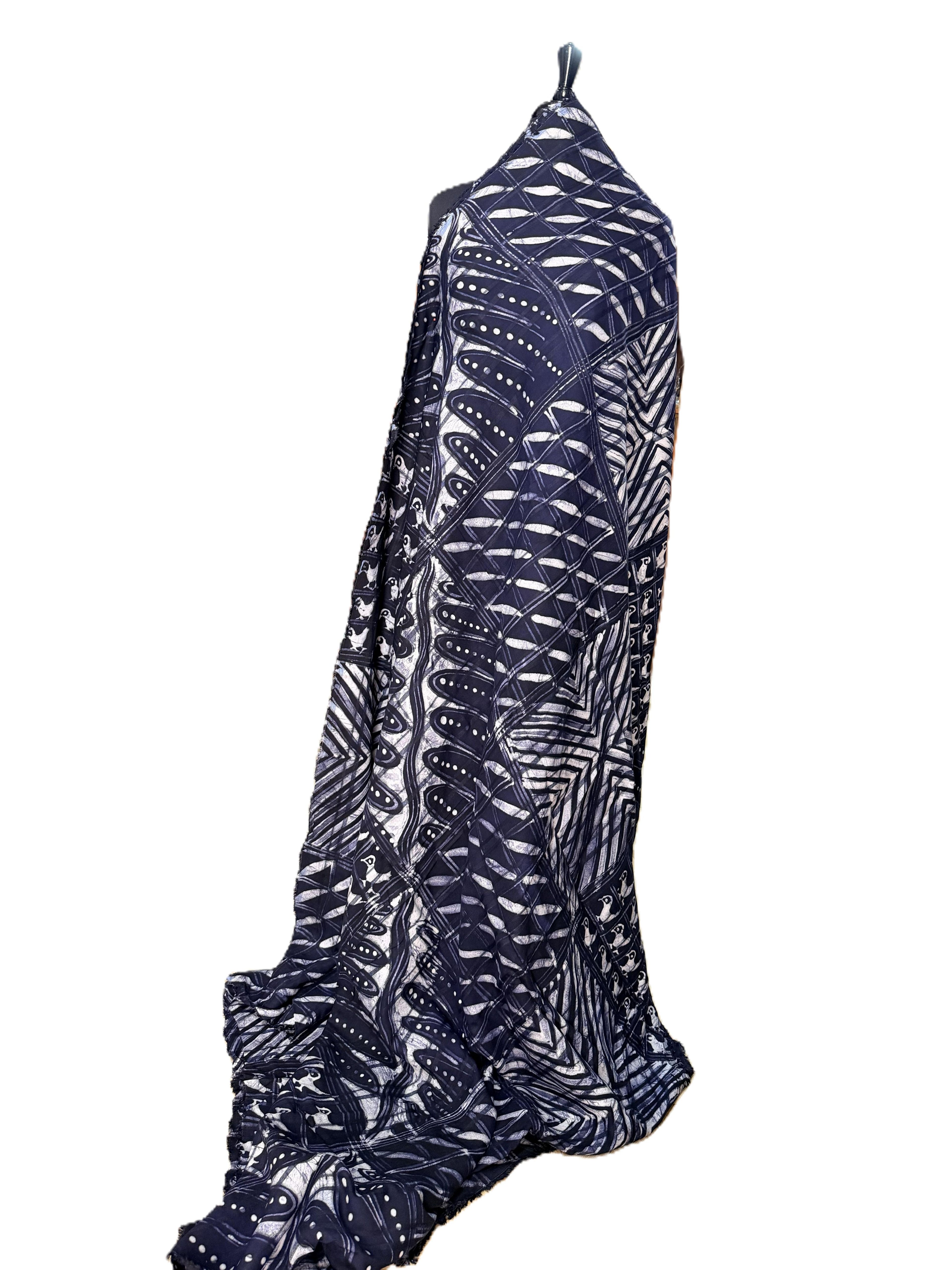 Batik Fabric — Navy Diamond Grid & Tropical Leaf Print