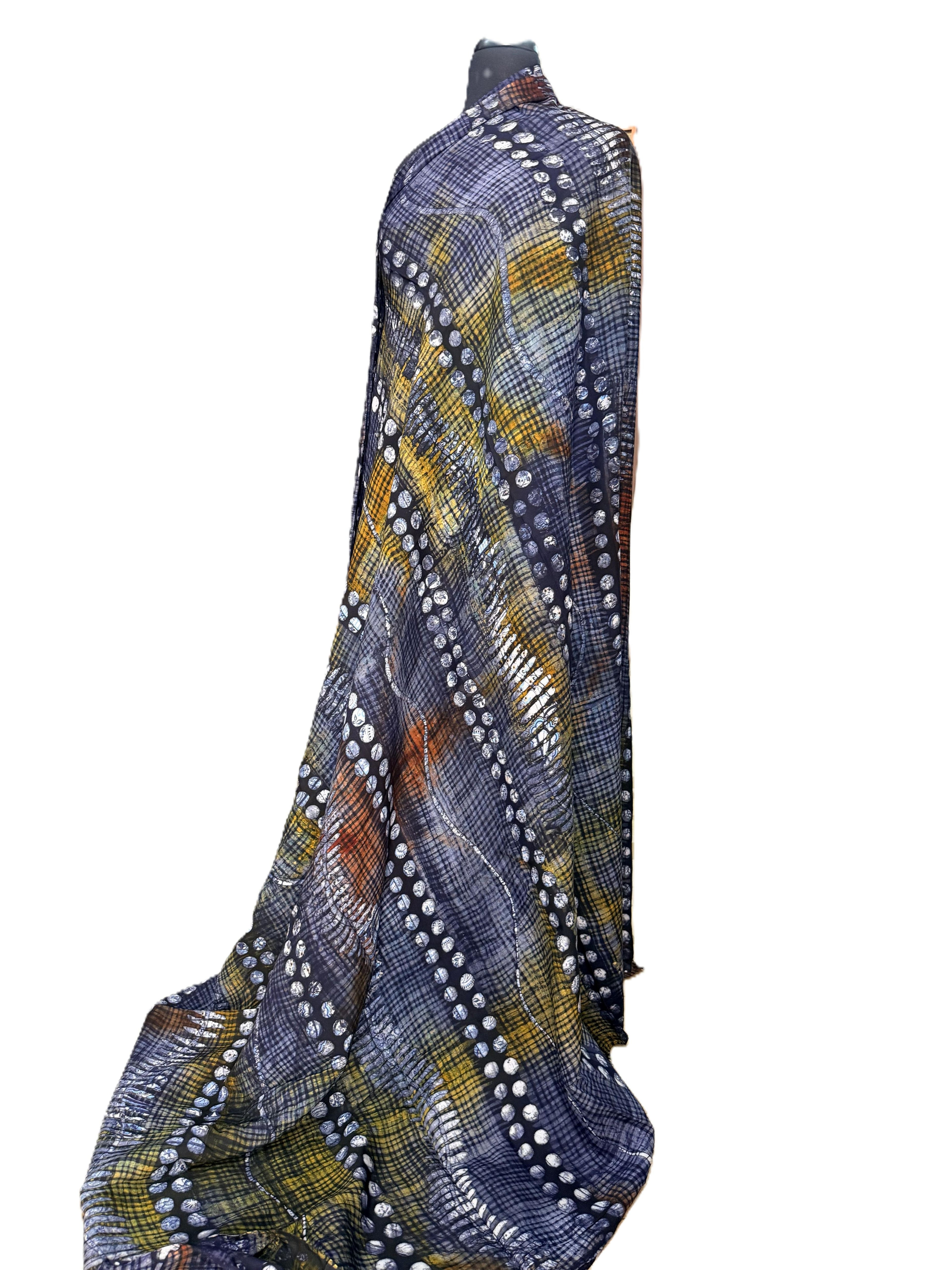 Batik Fabric — Silver Dot Trail & Crosshatch Wave Print