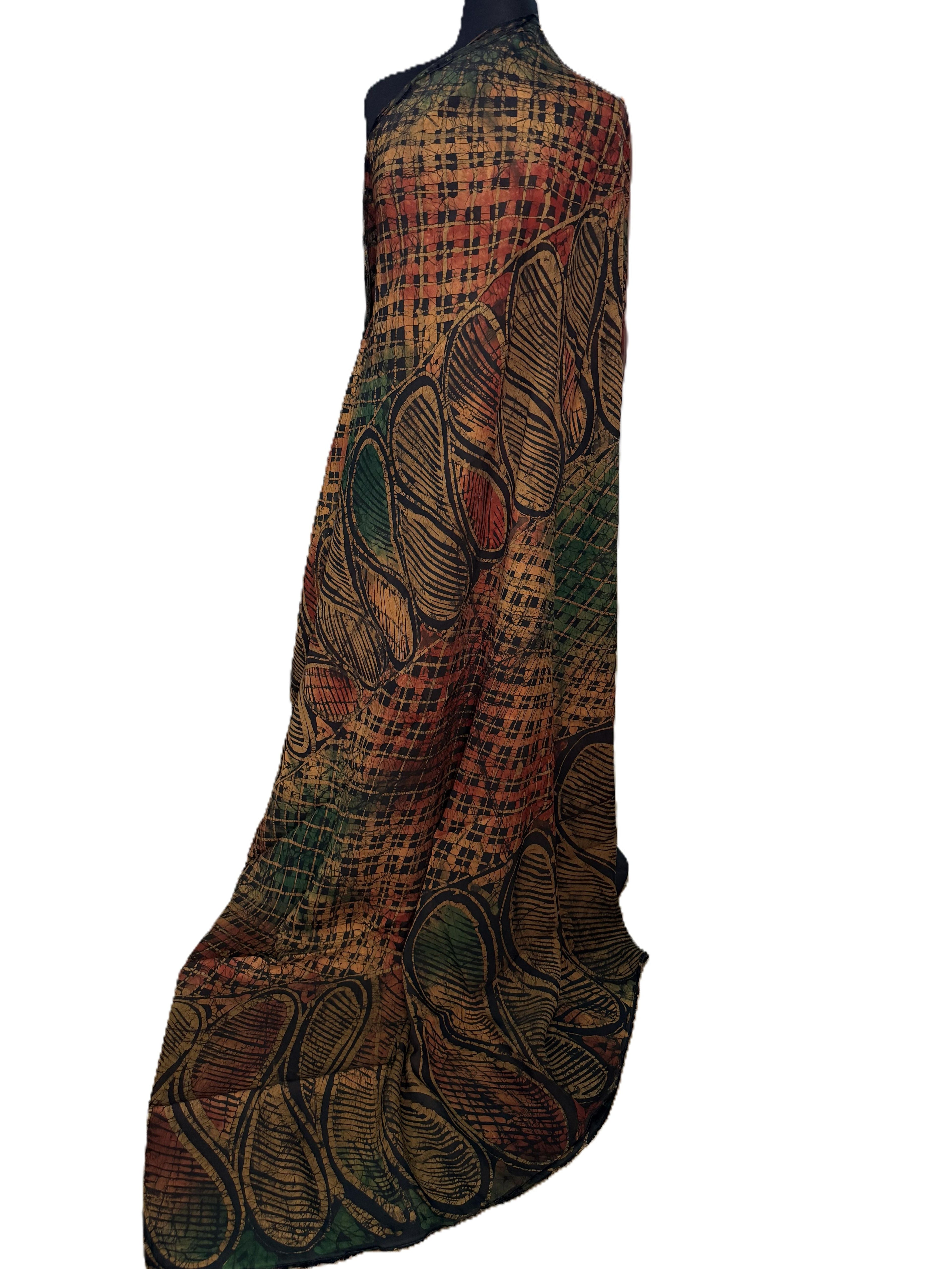 Batik Fabric — Oversized Leaf & Crosshatch Grid Print