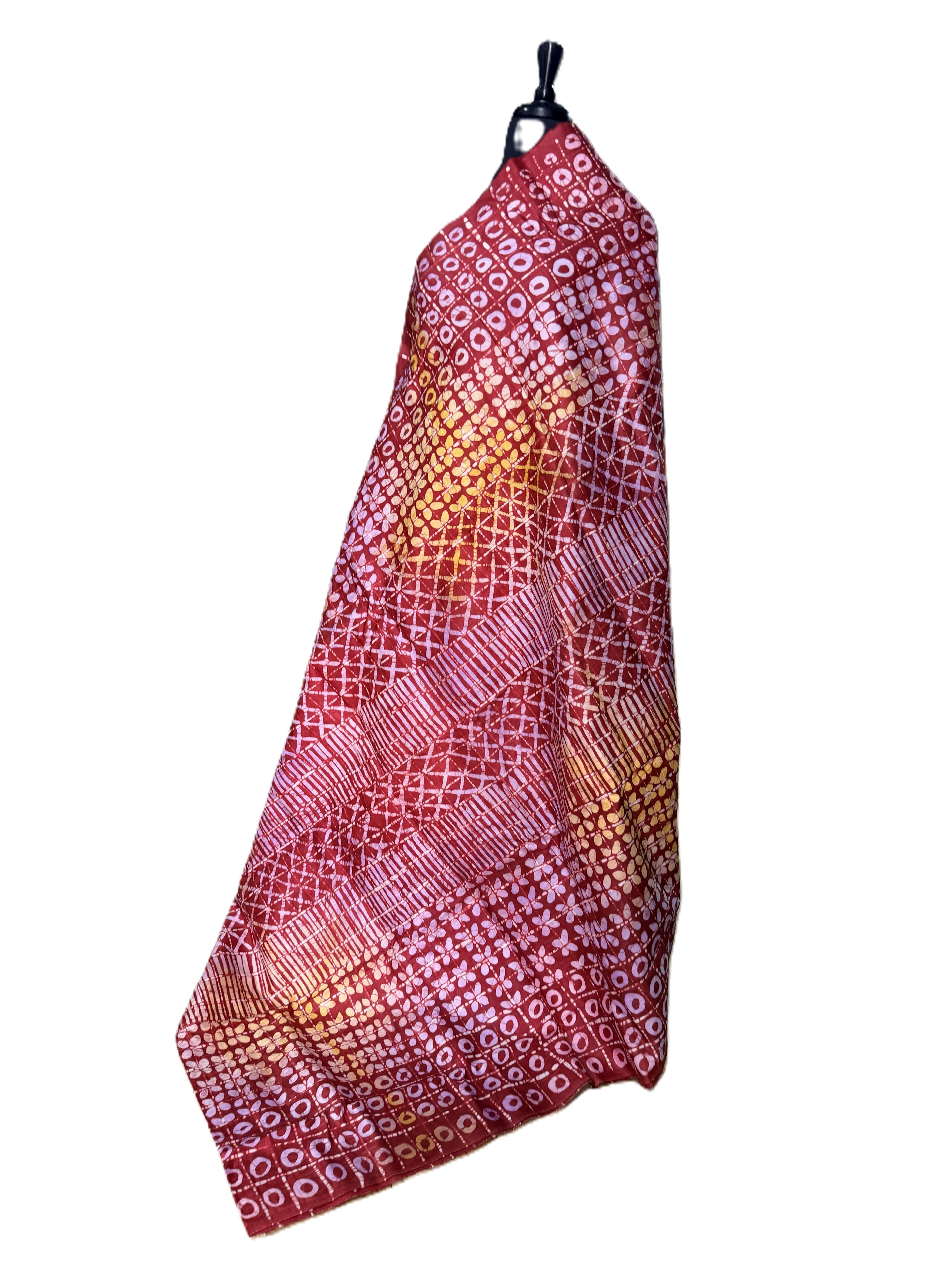Batik Fabric — Red Multi-Panel Geometric Patchwork Print