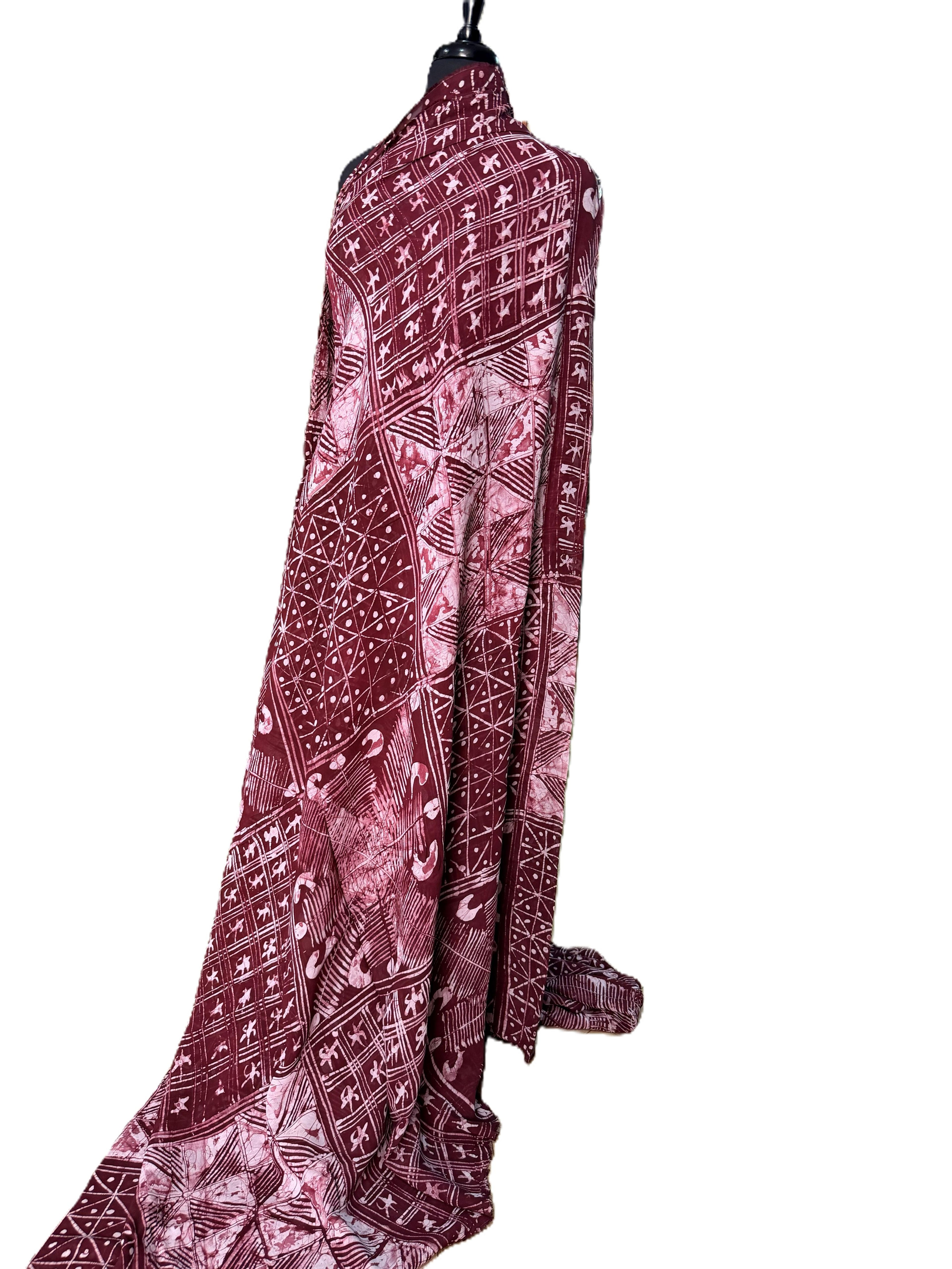 Batik Fabric — Burgundy Diamond Grid & Adinkra Symbol Print