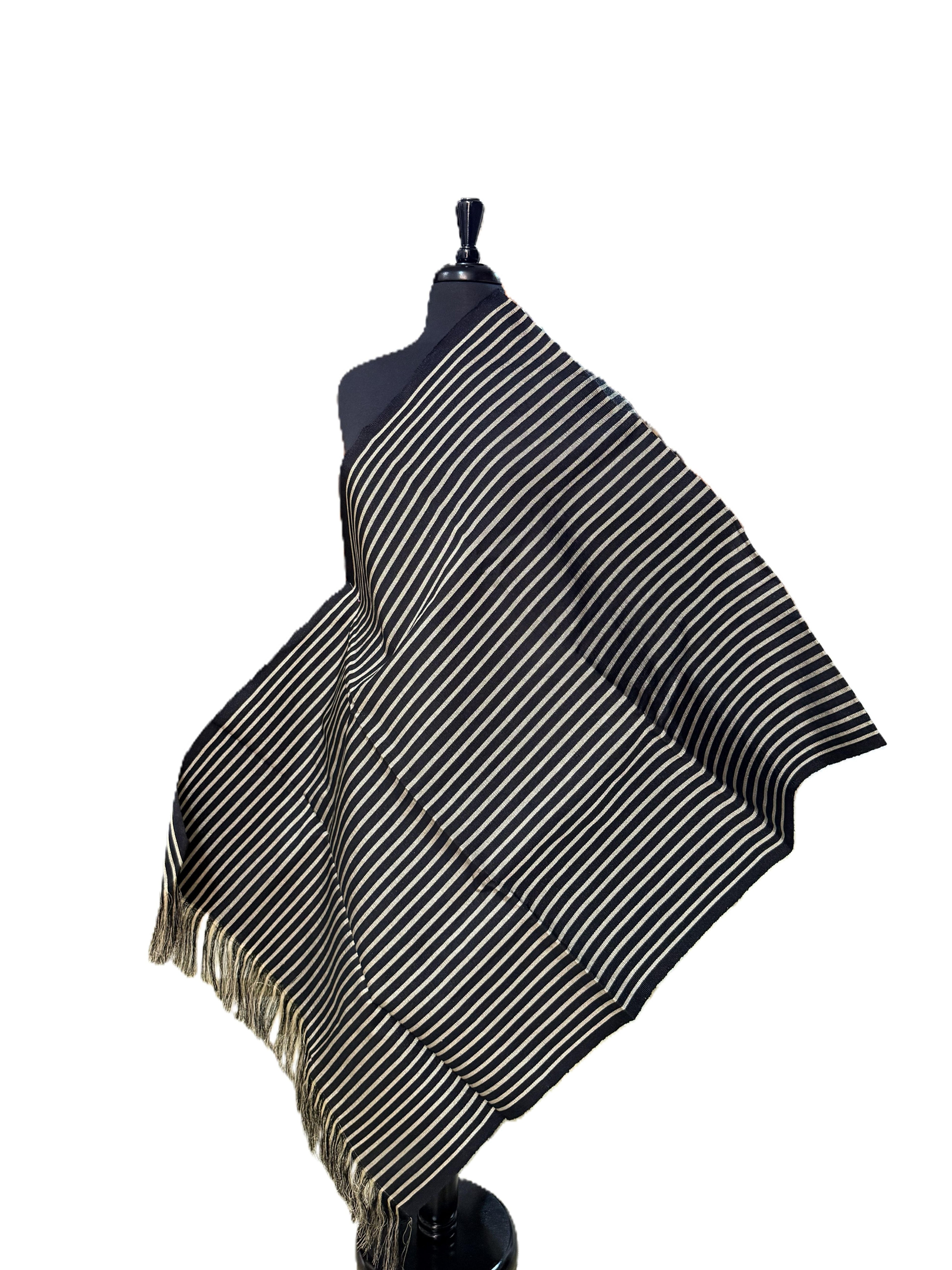 Aso Oke Black & White Fine Pinstriped Fabric with Fringe Edge