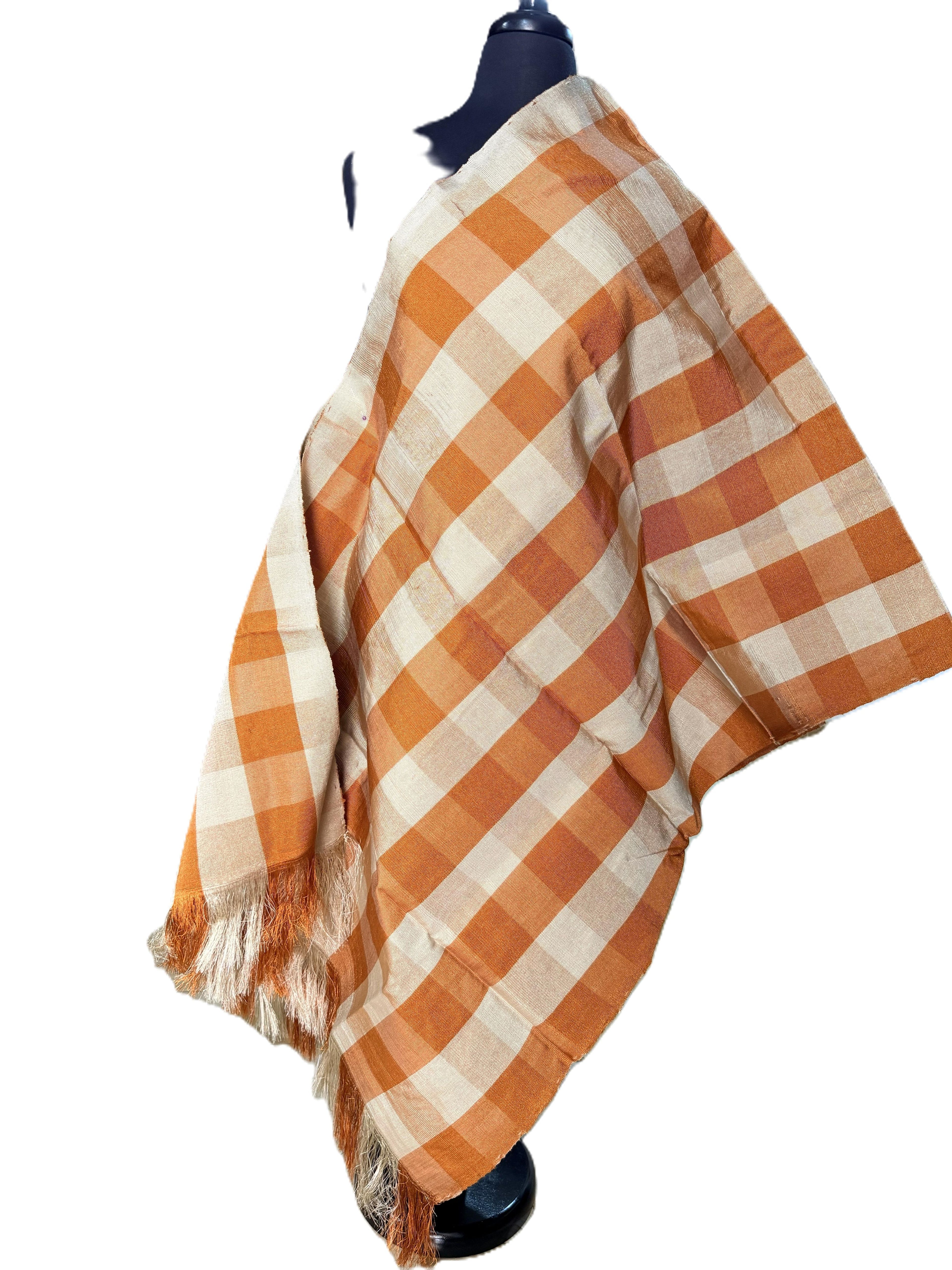 Aso Oke Amber Orange & Cream Gingham Check Woven Fabric with Fringe Edge