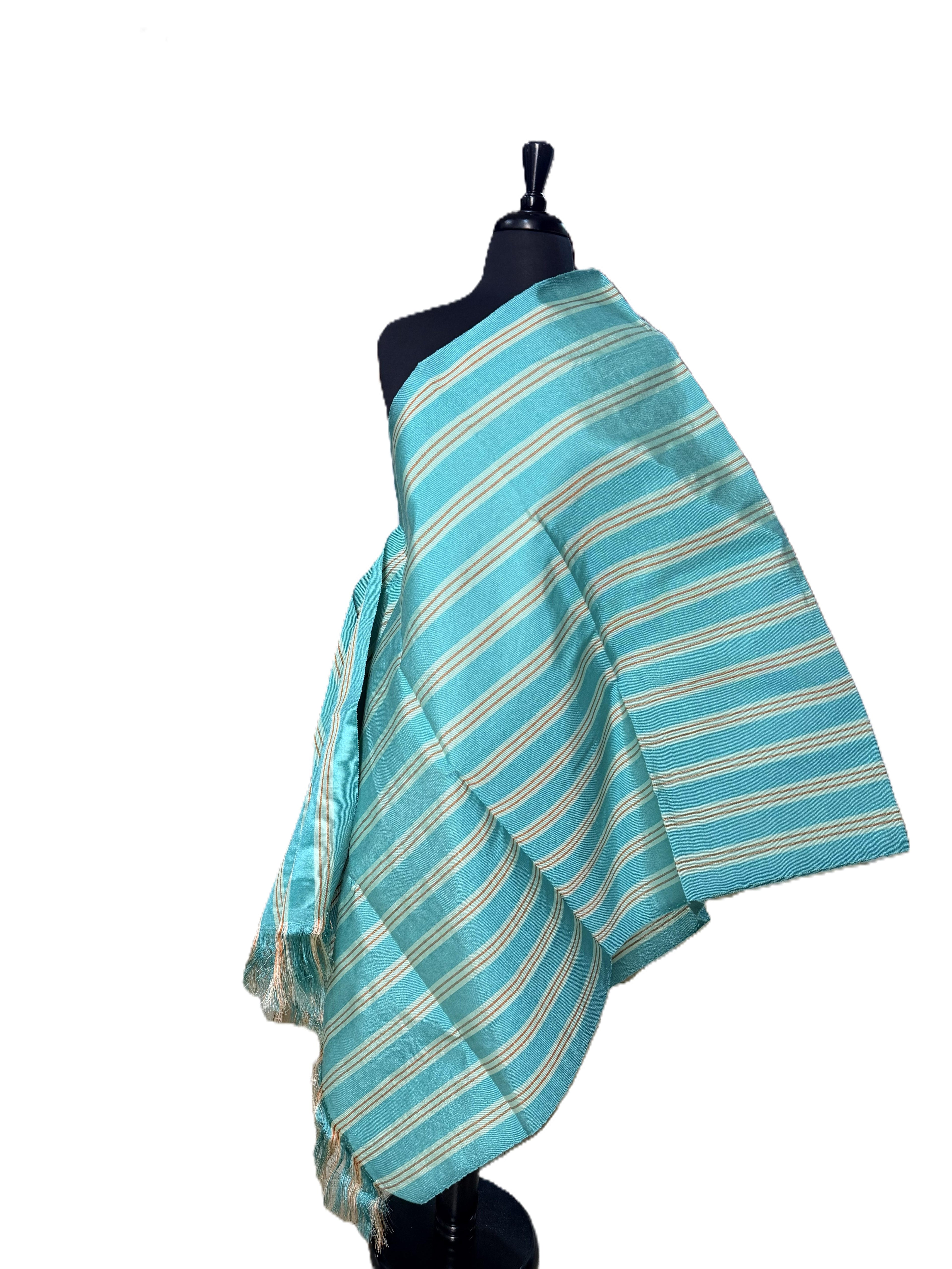 Aso Oke Aqua Teal Multicolour Fine Pinstriped Fabric with Fringe Edge