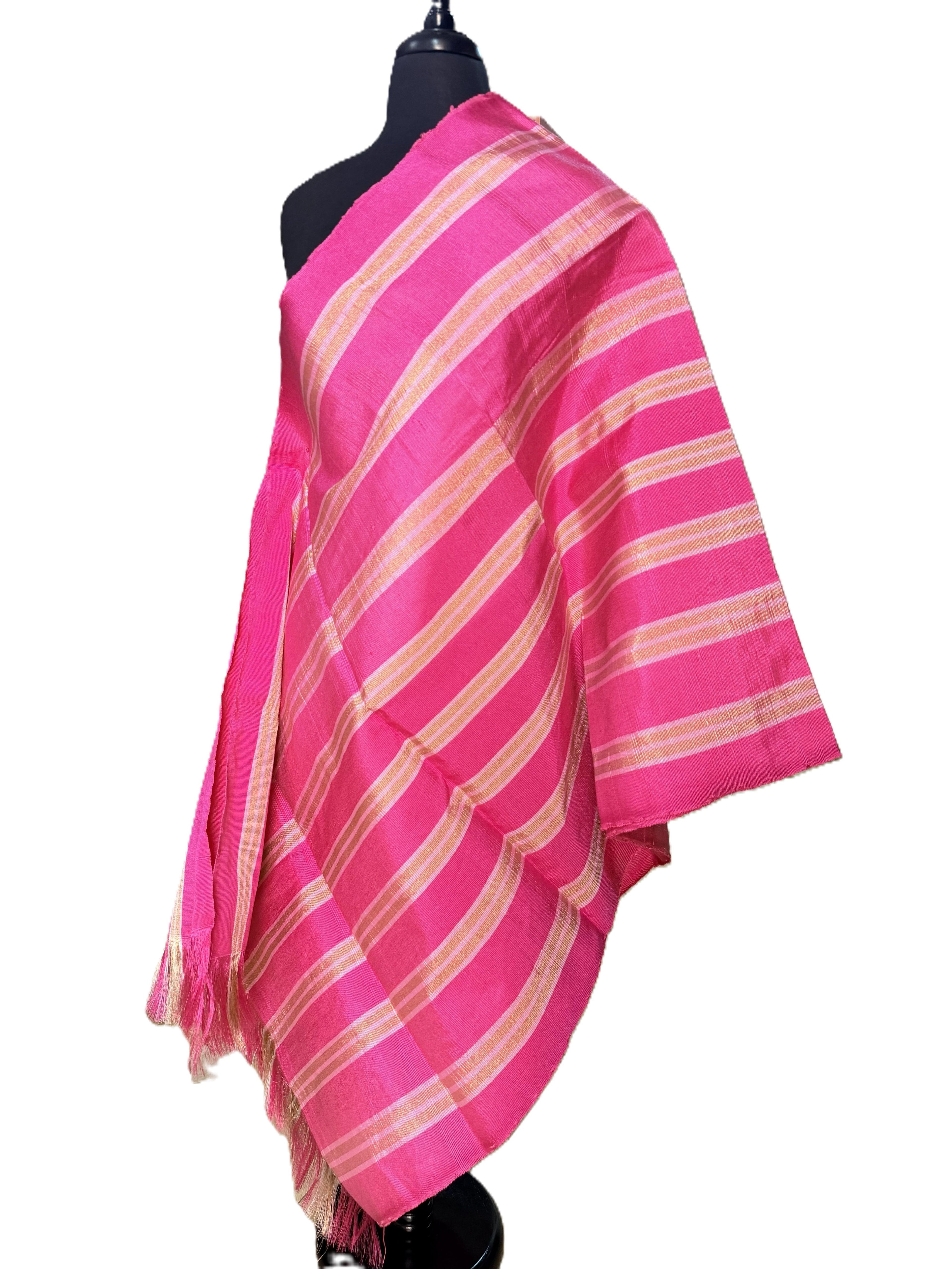 Aso Oke Hot Pink & Gold Broad Diagonal Striped Satin Fabric with Fringe