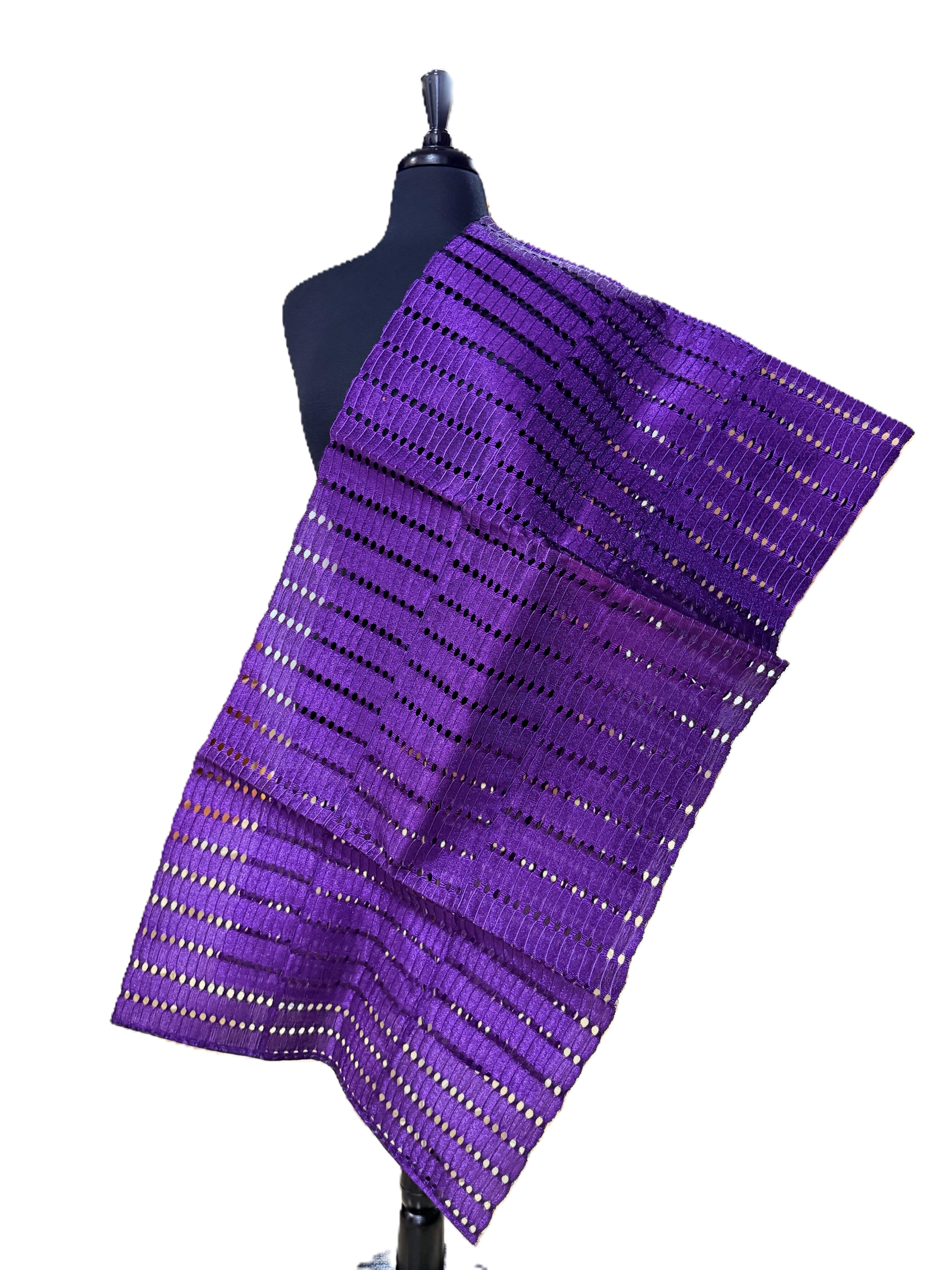 Aso Oke Royal Purple Eyelet Lace Weave Fabric with Gold Thread