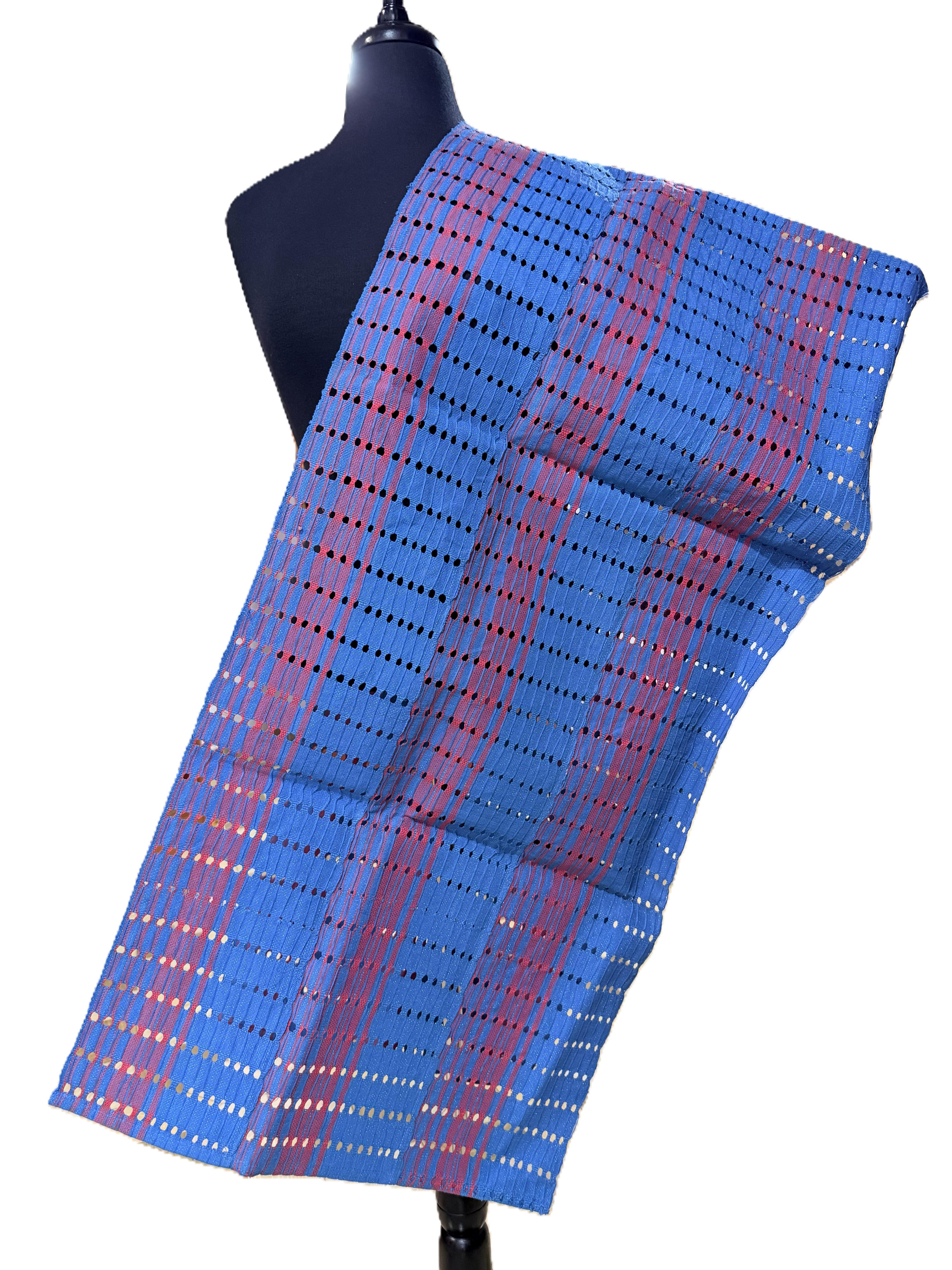 Aso Oke Cobalt Blue & Burgundy Eyelet Lace Weave Fabric with Multicolour Thread